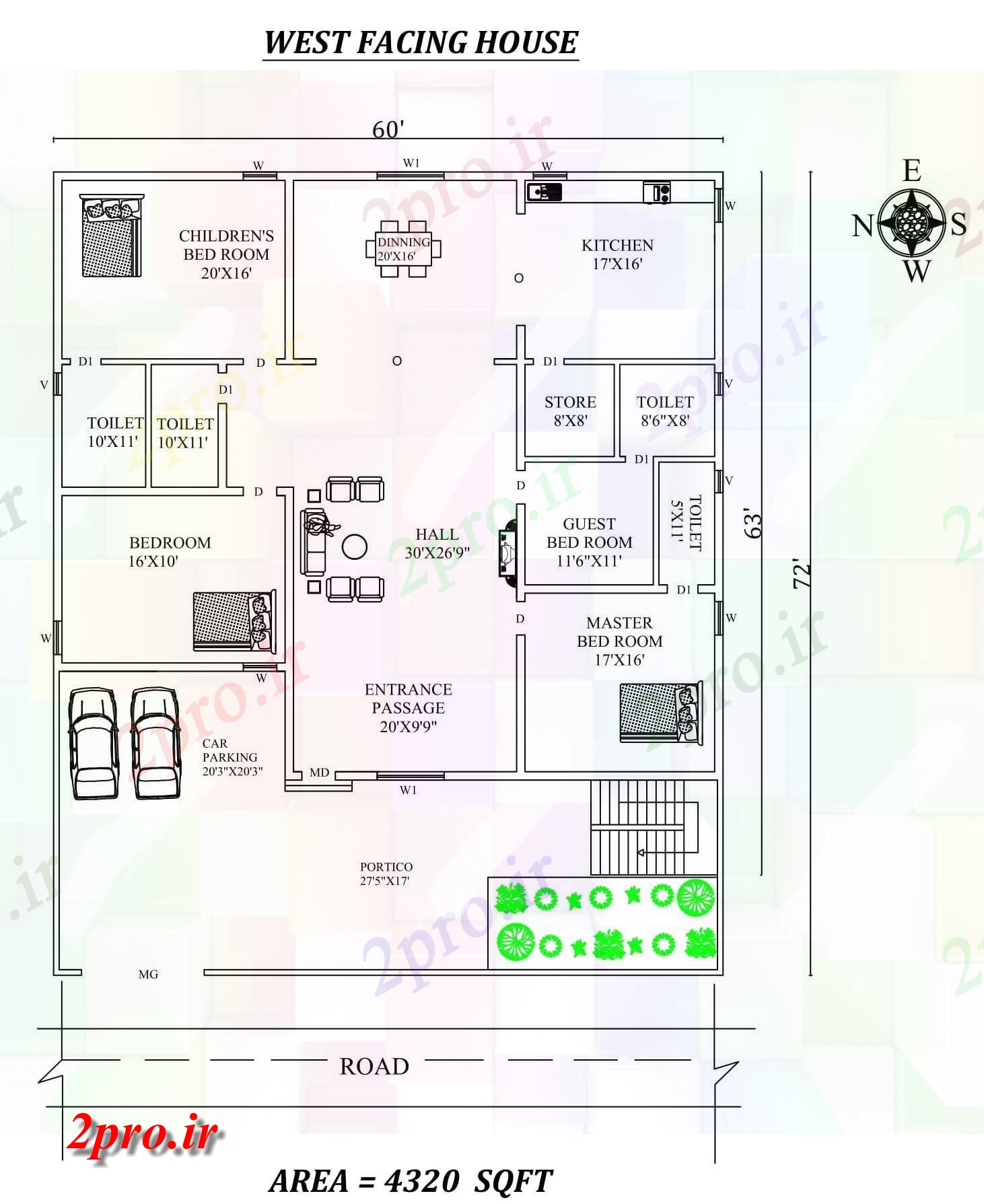 دانلود نقشه مسکونی ، ویلایی ، آپارتمان X 72 'بزرگ 3 BHK رو به مغرب خانه طرحی به عنوان در هر Vastu Shastra هستند، اتوکد و جزئیات پی دی اف 16 در 17 متر (کد157036)