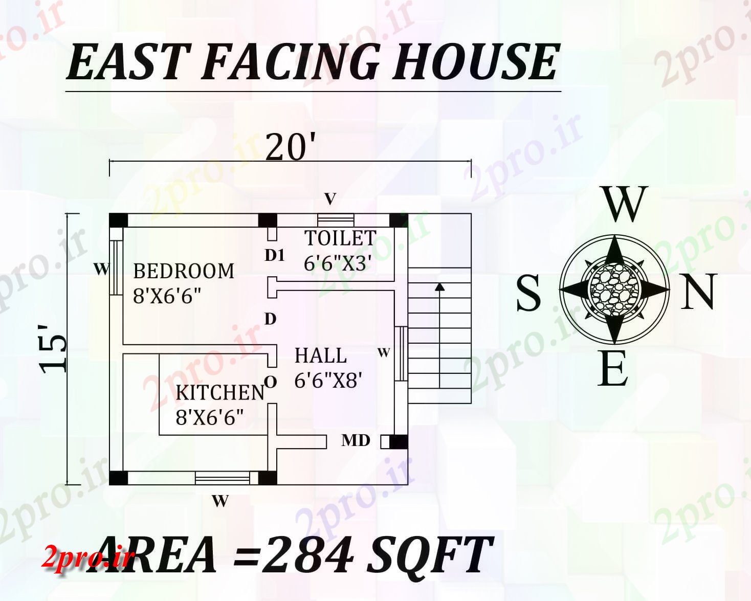 دانلود نقشه مسکونی ، ویلایی ، آپارتمان X 15 تک BHK شرق مواجه خانه طرحی به عنوان در هر Vastu Shastra هستند، اتوکد و جزئیات پی دی اف 4 در 4 متر (کد157045)