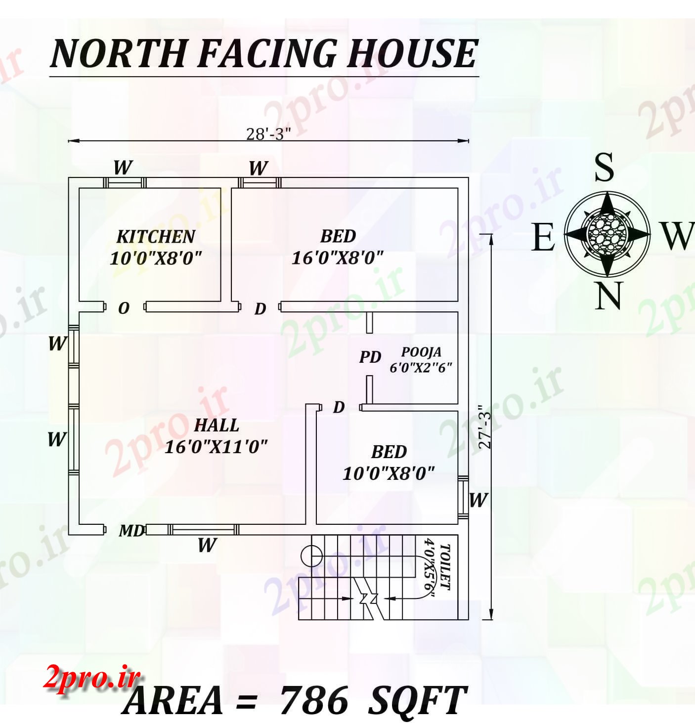 دانلود نقشه مسکونی ، ویلایی ، آپارتمان 3 X 27'3 2 BHK شمالی رو به خانه طرحی به عنوان در هر Vastu Shastra هستند، اتوکد و PDF اطلاعات 7 در 8 متر (کد157061)