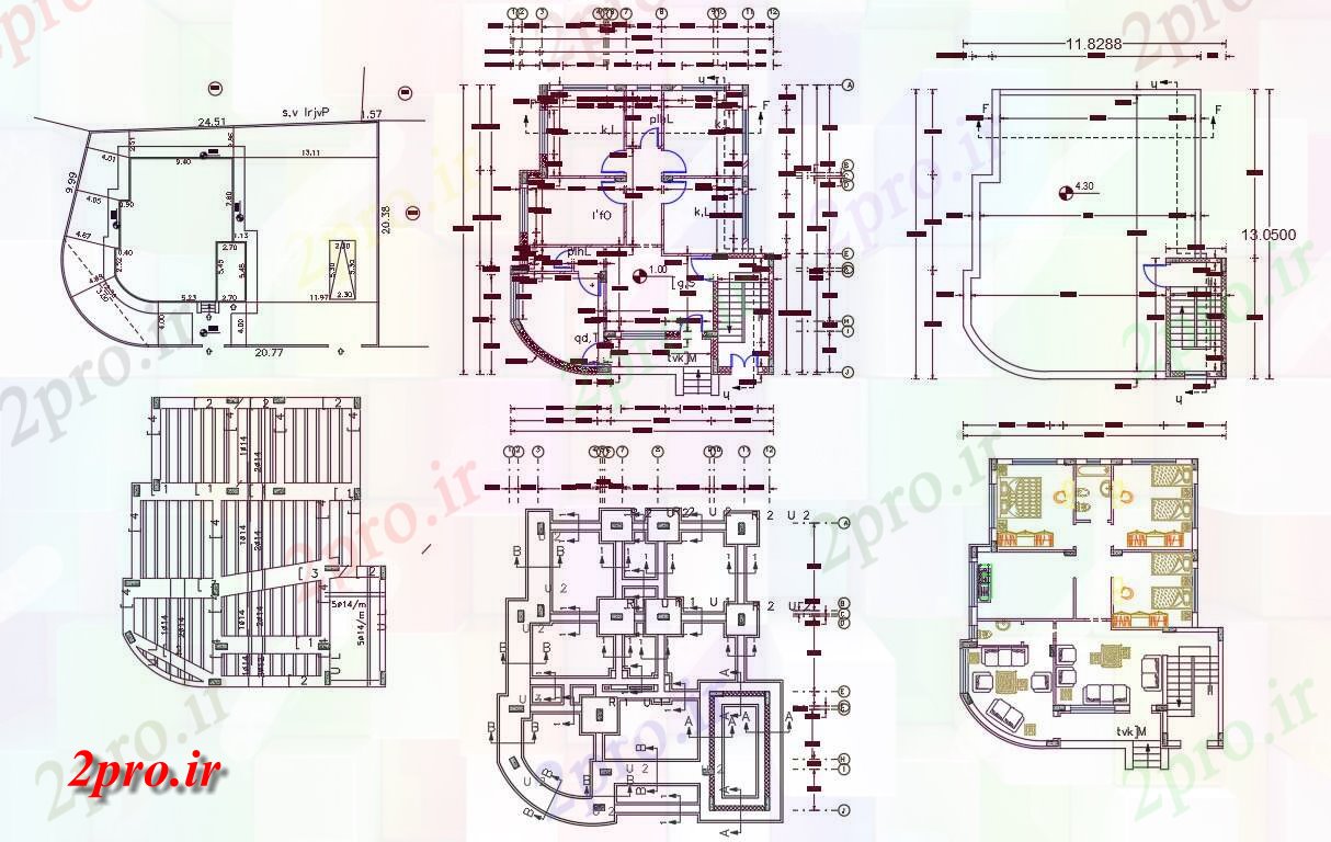 دانلود نقشه خانه های کوچک ، نگهبانی ، سازمانی - BHK خانه مبلمان طرحی با مرکز طرحی خط 11 در 13 متر (کد157078)