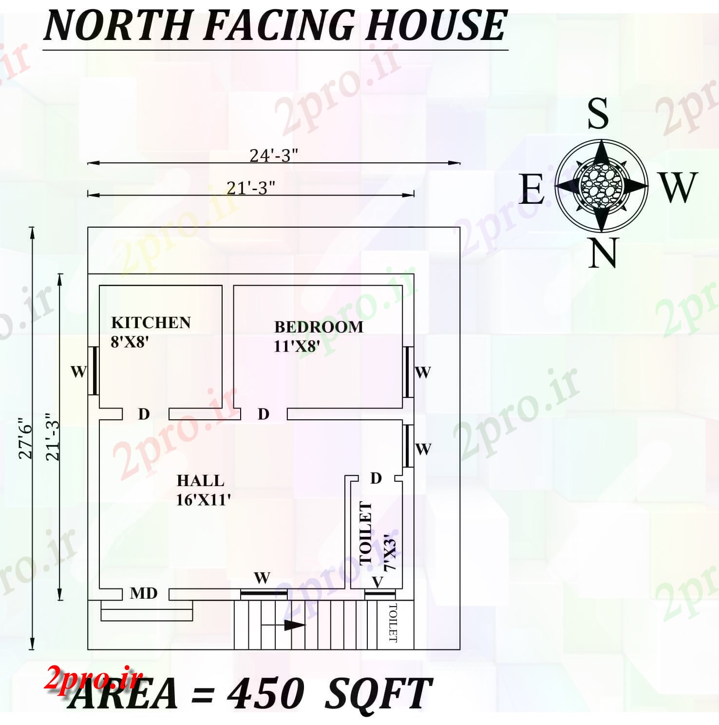 دانلود نقشه مسکونی ، ویلایی ، آپارتمان 3 X27'6 1bhk شمالی طرحی خانه کوچک به عنوان در هر Vastu Shastra هستند، اطلاعات 6 در 6 متر (کد157223)