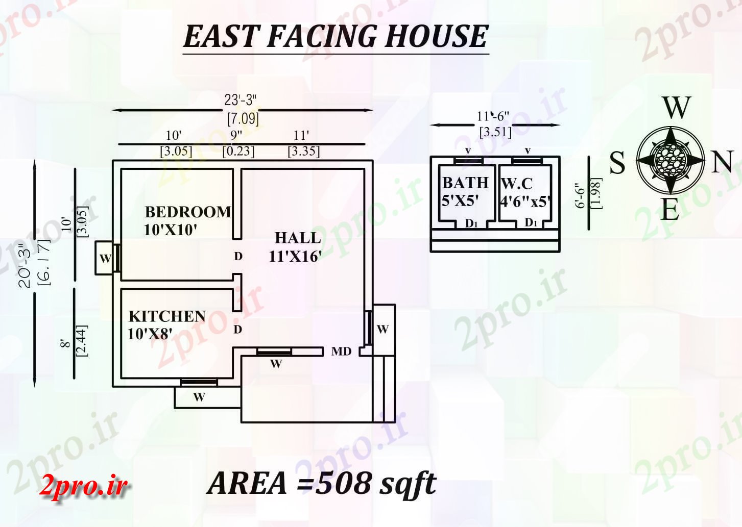 دانلود نقشه مسکونی ، ویلایی ، آپارتمان 3 x20'3 تنها BHK شرق مواجه کوچک طرحی خانه به عنوان پستها در طول Vastu Shastra هستند، اطلاعات 5 در 6 متر (کد157230)