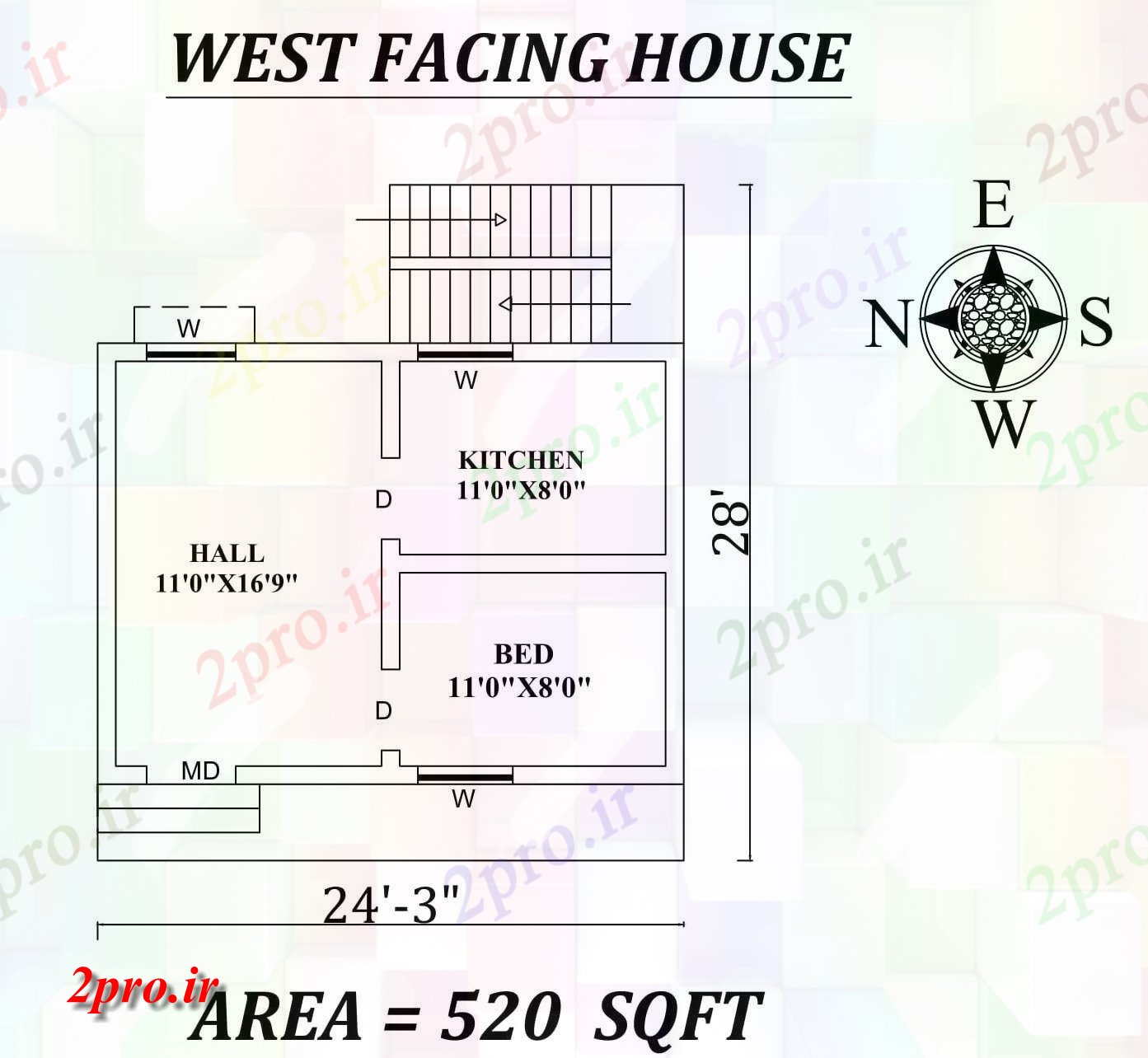 دانلود نقشه مسکونی ، ویلایی ، آپارتمان 3 X28 تک BHK غرب کوچک مواجه خانه طرحی به عنوان در هر Vastu Shastra هستند، اتوکد جزئیات 5 در 7 متر (کد157232)