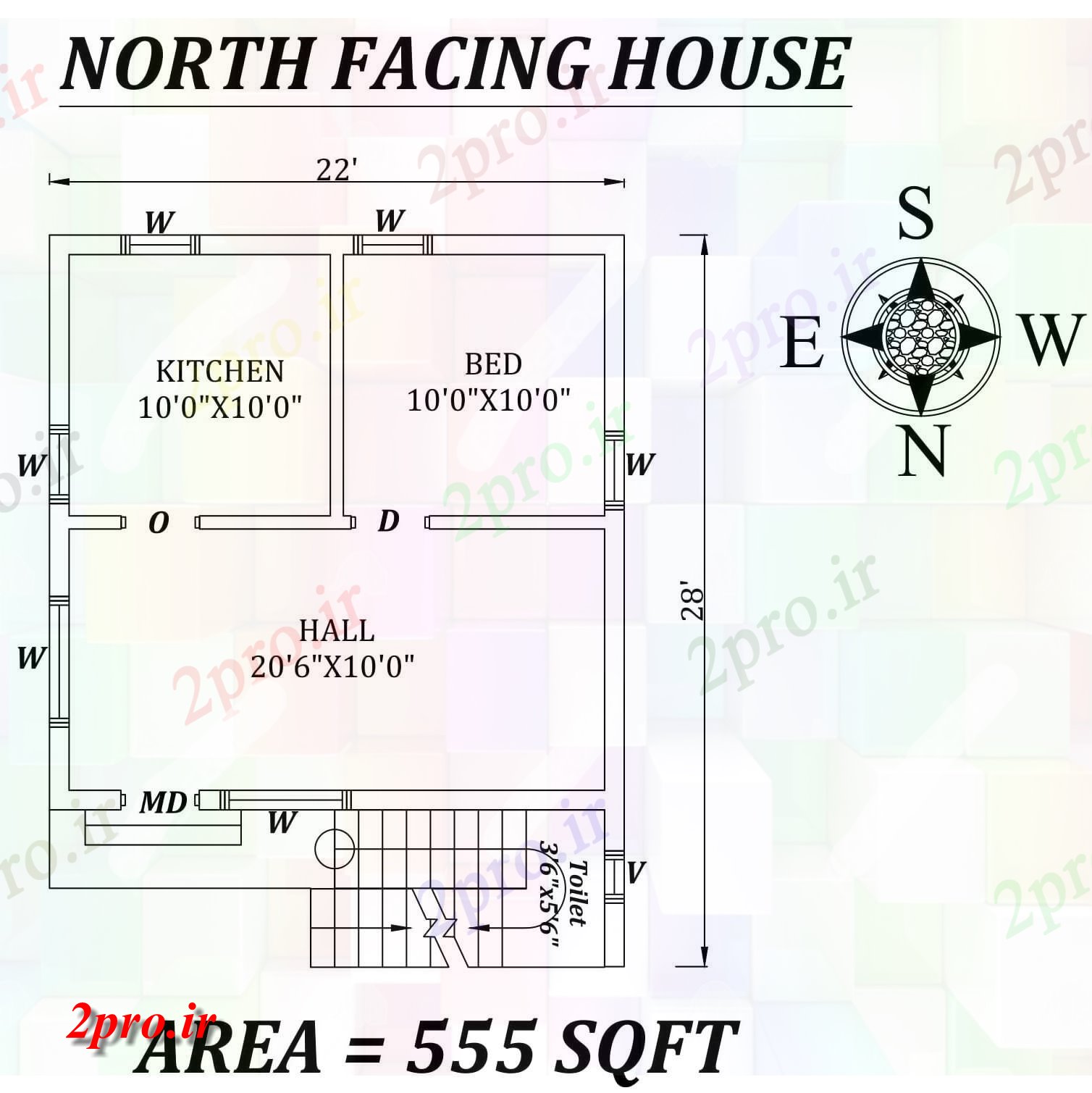 دانلود نقشه مسکونی ، ویلایی ، آپارتمان x28، BHK شگفت انگیز تنها رو به شمال خانه طرحی به عنوان در هر Vastu Shastra هستند، جزئیات 6 در 6 متر (کد157237)