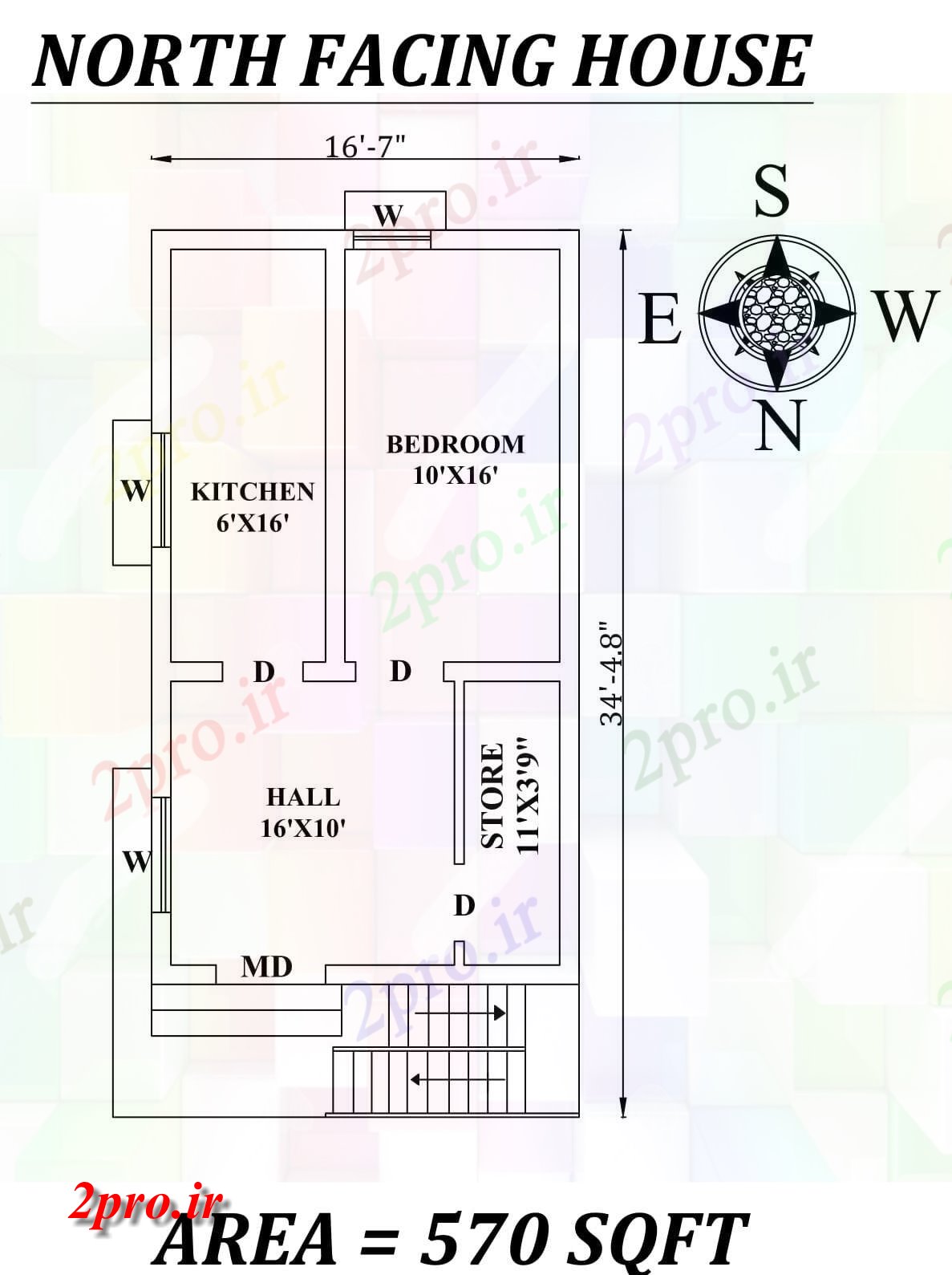 دانلود نقشه مسکونی ، ویلایی ، آپارتمان 7 x34 'تک BHK شمال رو به خانه طرحی به عنوان در هر Vastu Shastra هستند، اطلاعات 4 در 8 متر (کد157238)