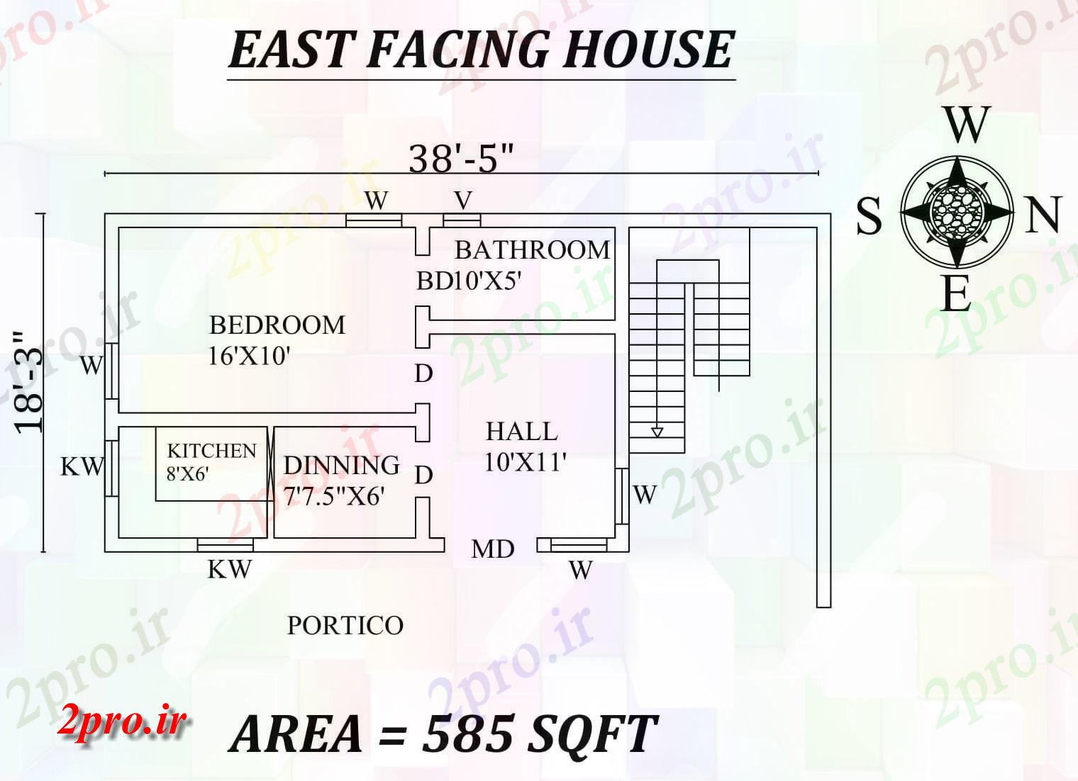 دانلود نقشه مسکونی ، ویلایی ، آپارتمان 5 X 18'3 تنها BHK شرق مواجه خانه طرحی به عنوان در هر Vastu Shastra هستند، اطلاعات 5 در 8 متر (کد157246)