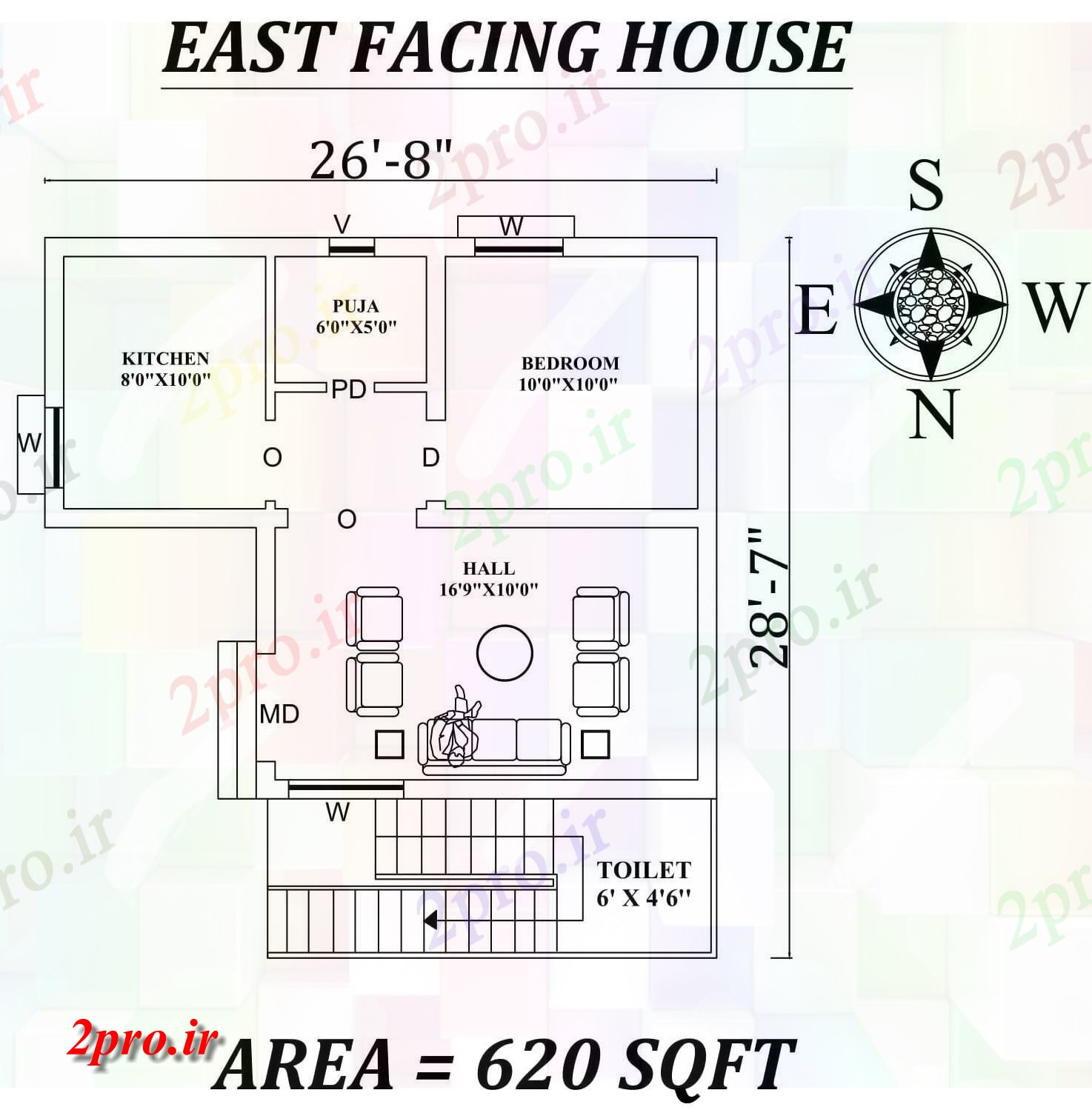 دانلود نقشه مسکونی ، ویلایی ، آپارتمان 8 X28'7 شگفت انگیز شرق روبرو تنها BHK خانه طرحی به عنوان در هر Vasthu شرا اطلاعات 6 در 7 متر (کد157248)