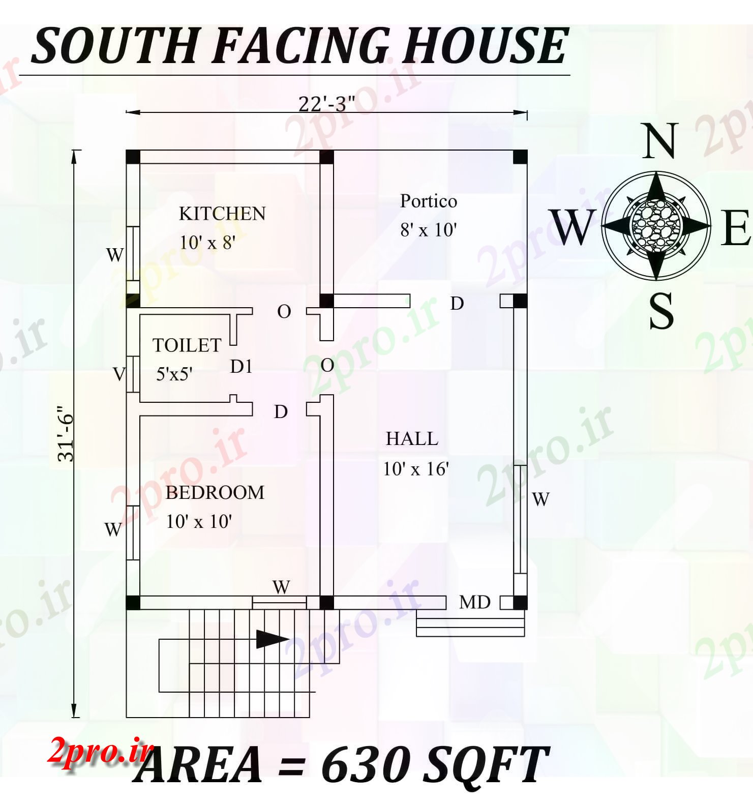 دانلود نقشه مسکونی ، ویلایی ، آپارتمان 3 x31'6 1bhk جنوبی مواجه خانه طرحی به عنوان در هر Vastu Shastra هستند، جزئیات 6 در 7 متر (کد157251)