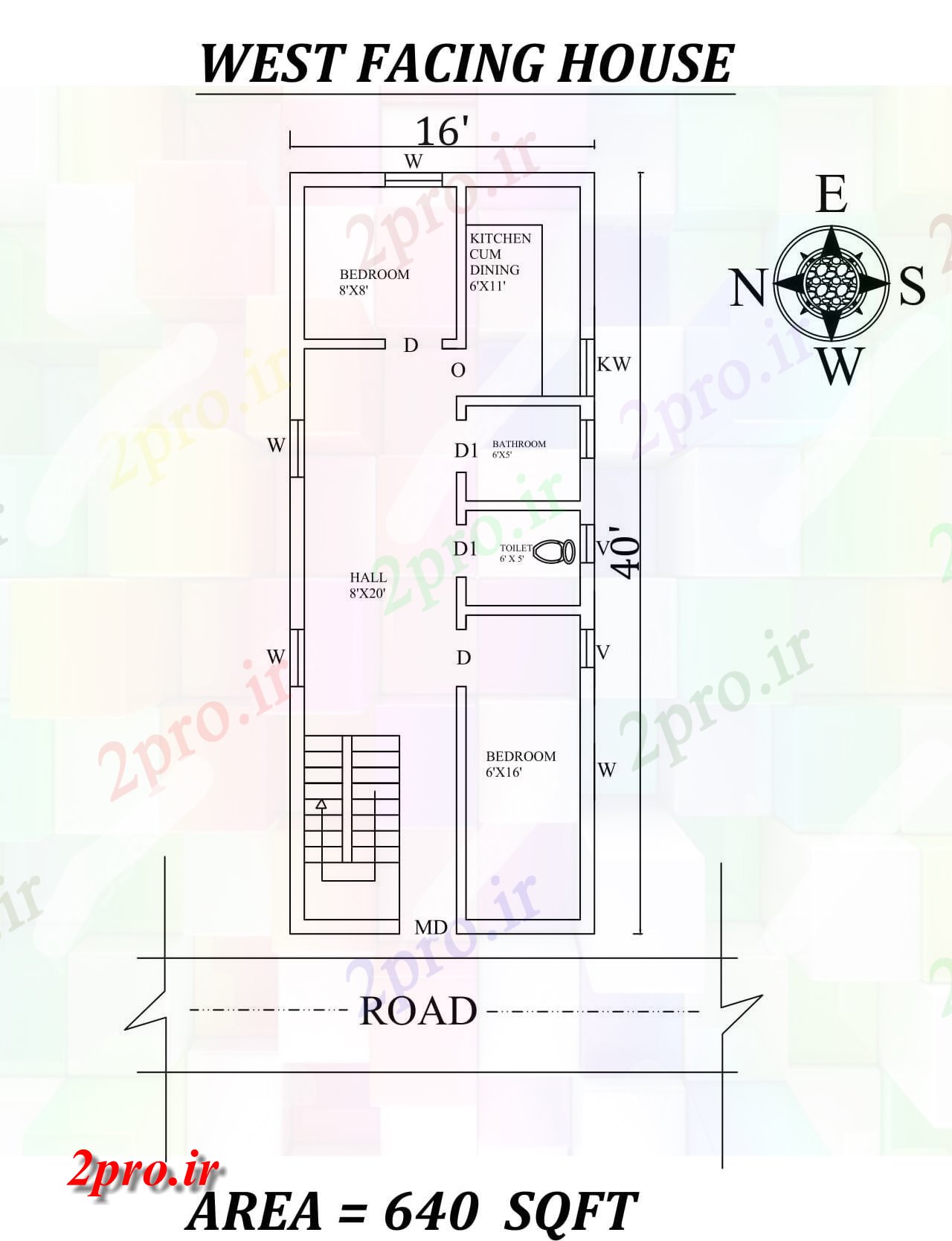 دانلود نقشه مسکونی ، ویلایی ، آپارتمان X40، 640 فوت مربع 2bhk غرب مواجه خانه طرحی به عنوان در هر Vastu Shastra هستند، اطلاعات 4 در 11 متر (کد157259)