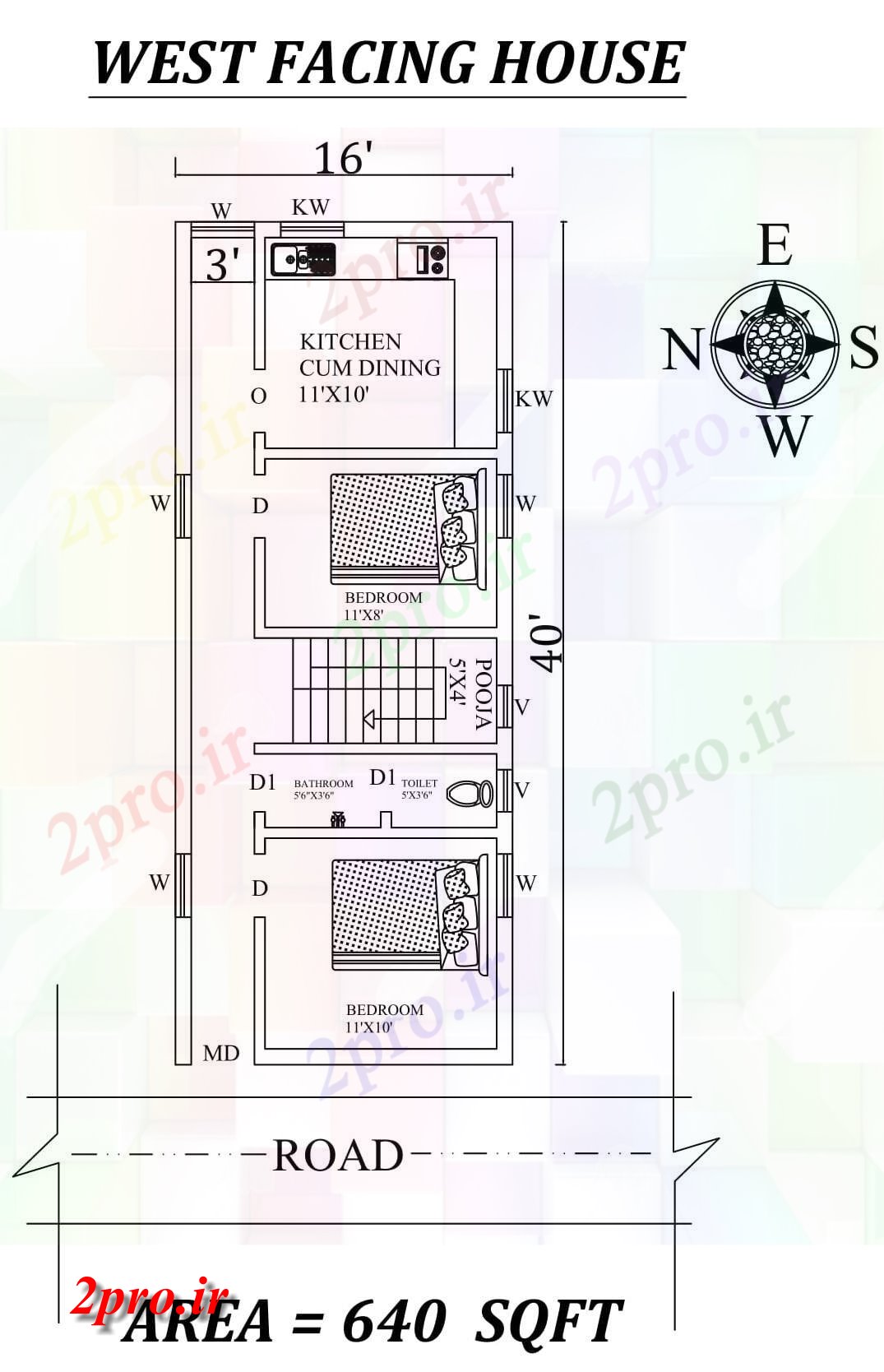 دانلود نقشه مسکونی ، ویلایی ، آپارتمان X40 '2 BHK غرب مواجه خانه طرحی به عنوان در هر Vastu Shastra هستند، اتوکد اطلاعات 4 در 11 متر (کد157260)