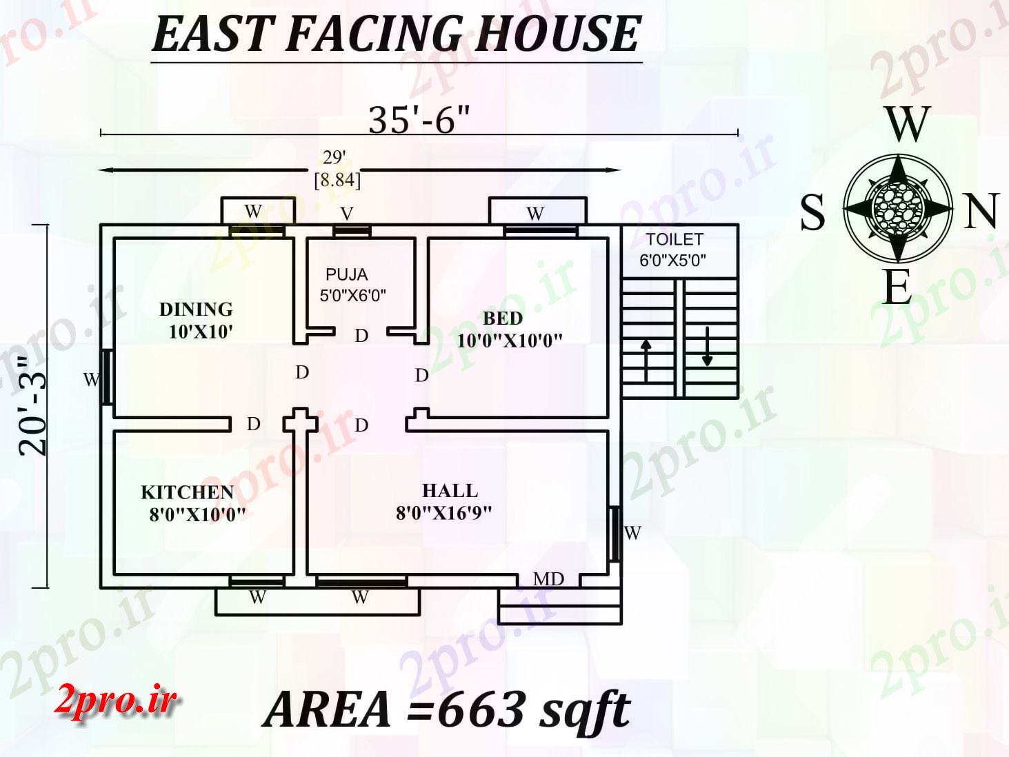 دانلود نقشه مسکونی ، ویلایی ، آپارتمان 6 X20'3 شرق روبرو تنها BHK خانه طرحی به عنوان در هر Vasthu شرا اطلاعات 5 در 8 متر (کد157262)