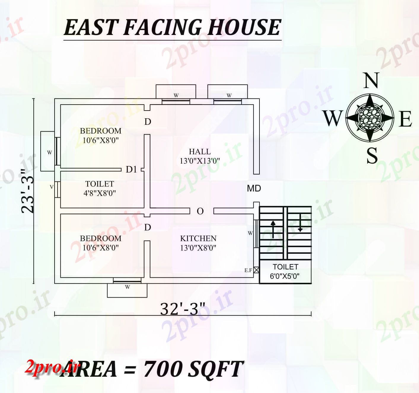 دانلود نقشه مسکونی ، ویلایی ، آپارتمان 3 x23'3 2bhk شرق مواجه خانه طرحی به عنوان در هر Vastu Shastra هستند، اطلاعات 6 در 7 متر (کد157267)