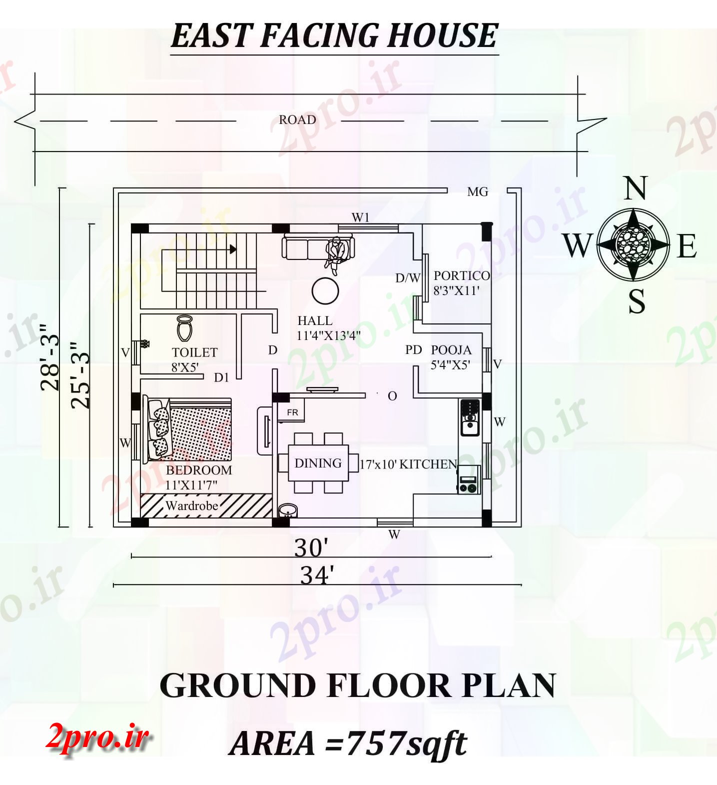 دانلود نقشه مسکونی ، ویلایی ، آپارتمان x28'3 طبقه همکف شرق مواجه خانه طرحی به عنوان در هر Vastu Shastra هستند، اتوکد و جزئیات پی دی اف 7 در 8 متر (کد157292)