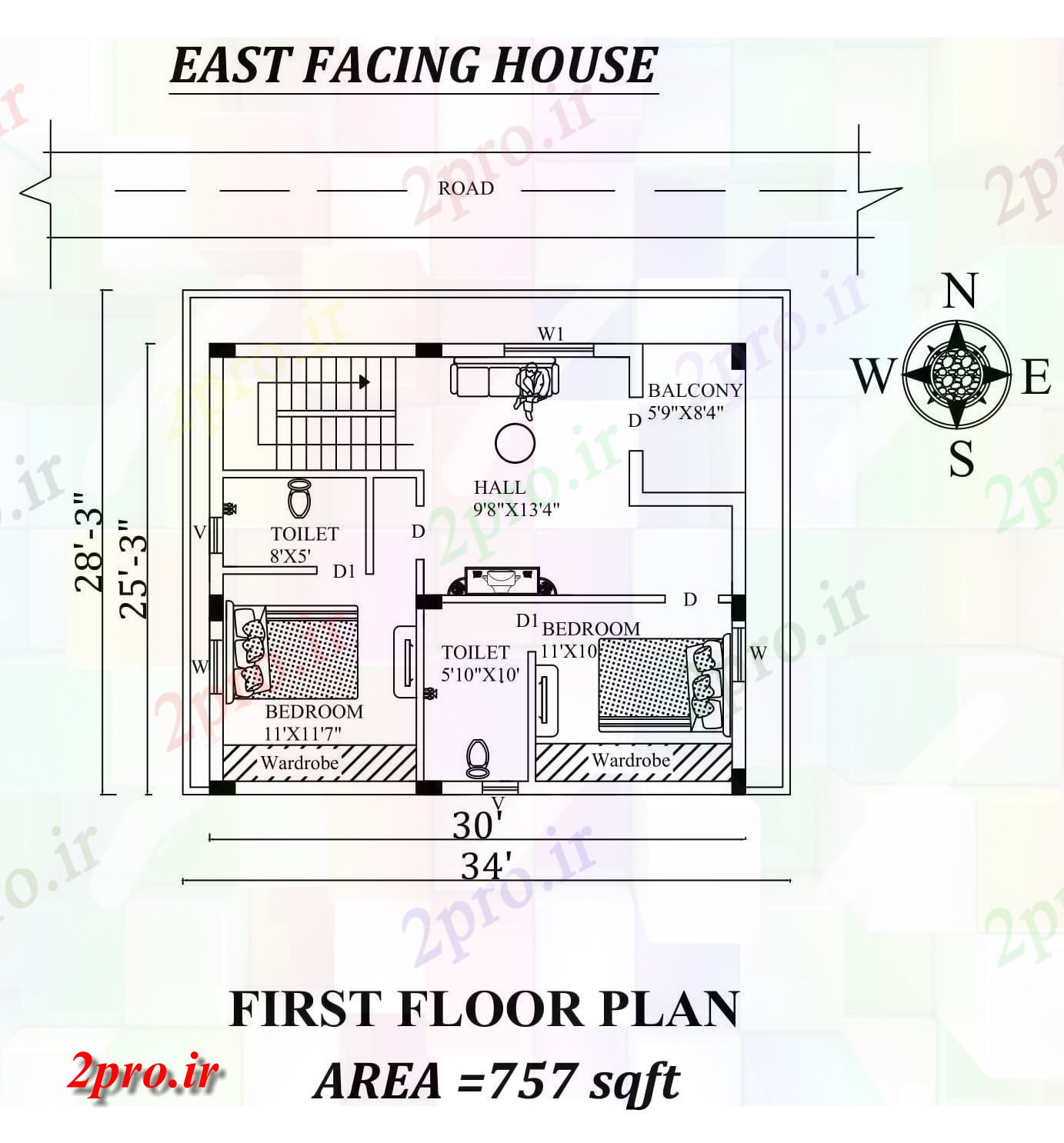 دانلود نقشه مسکونی ، ویلایی ، آپارتمان x28'3 طبقه اول شرق مواجه خانه طرحی به عنوان در هر Vastu Shastra هستند، اتوکد و جزئیات پی دی اف 7 در 8 متر (کد157294)