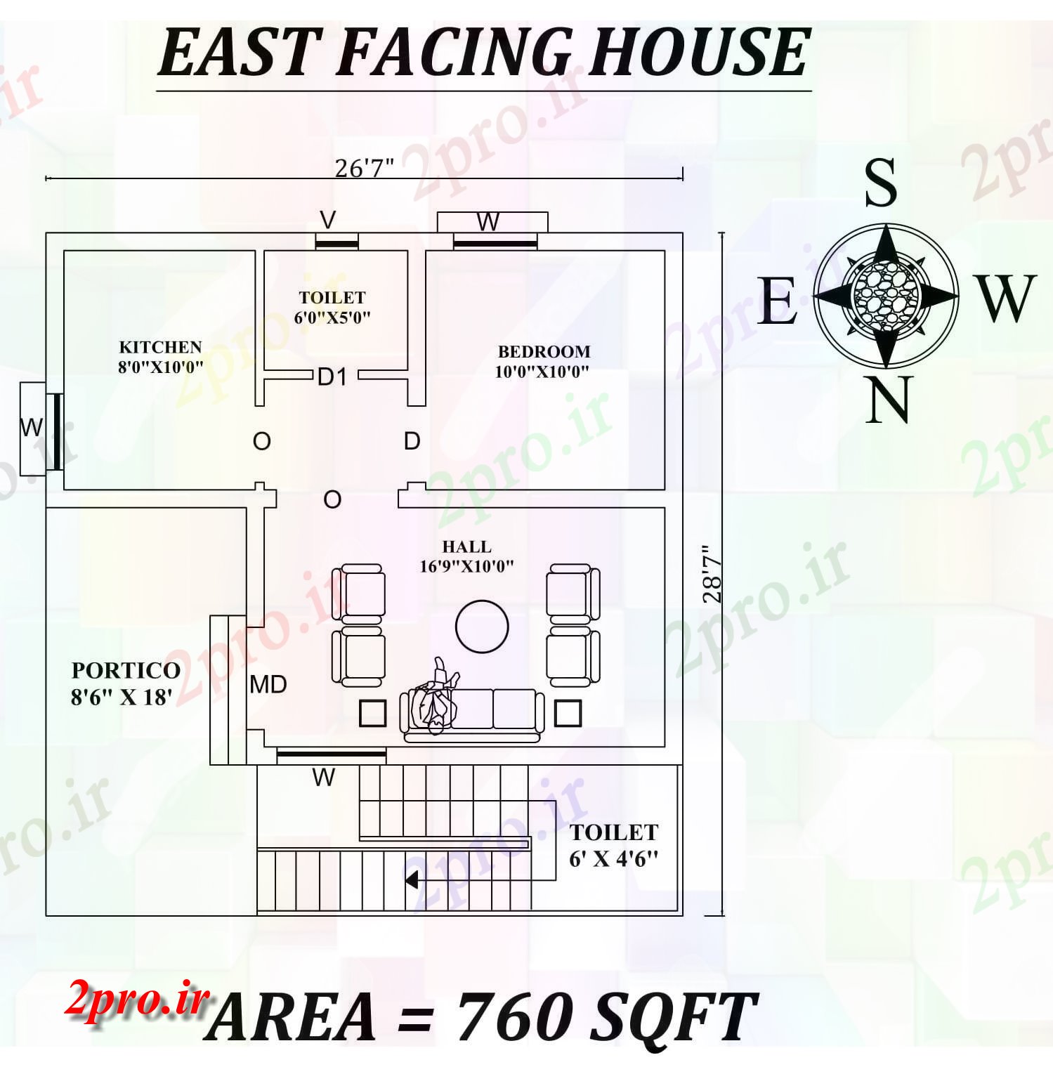 دانلود نقشه مسکونی ، ویلایی ، آپارتمان 7 x28'7 تنها BHK شرق مواجه خانه طرحی به عنوان در هر Vastu را Shastra و جزئیات پی دی اف 6 در 7 متر (کد157295)