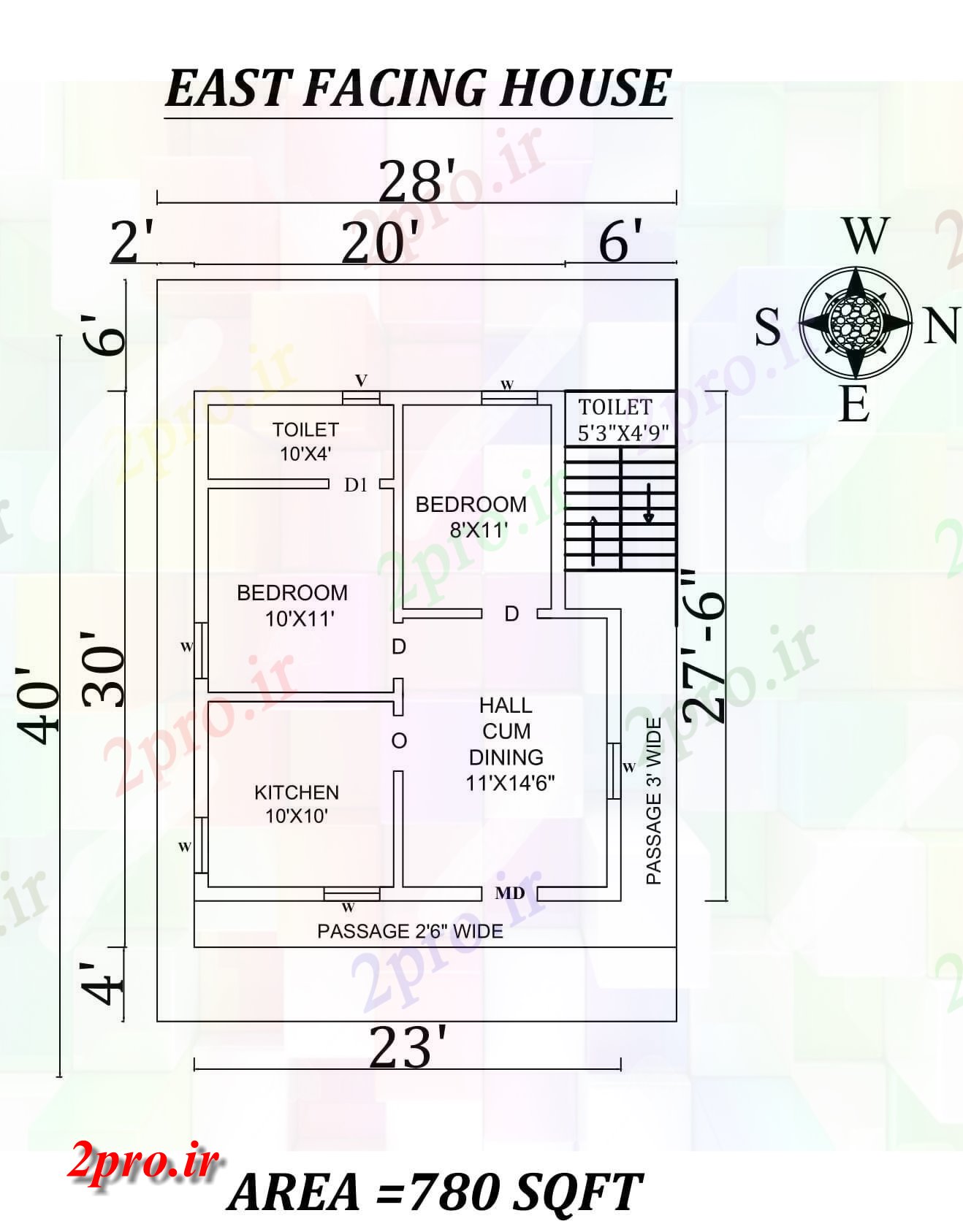 دانلود نقشه مسکونی ، ویلایی ، آپارتمان کامل 2bhk شرق 28'X40، مواجه خانه طراحی به عنوان پستها در طول Vastu Shastra هستند، اتوکد و جزئیات پی دی اف 6 در 8 متر (کد157298)