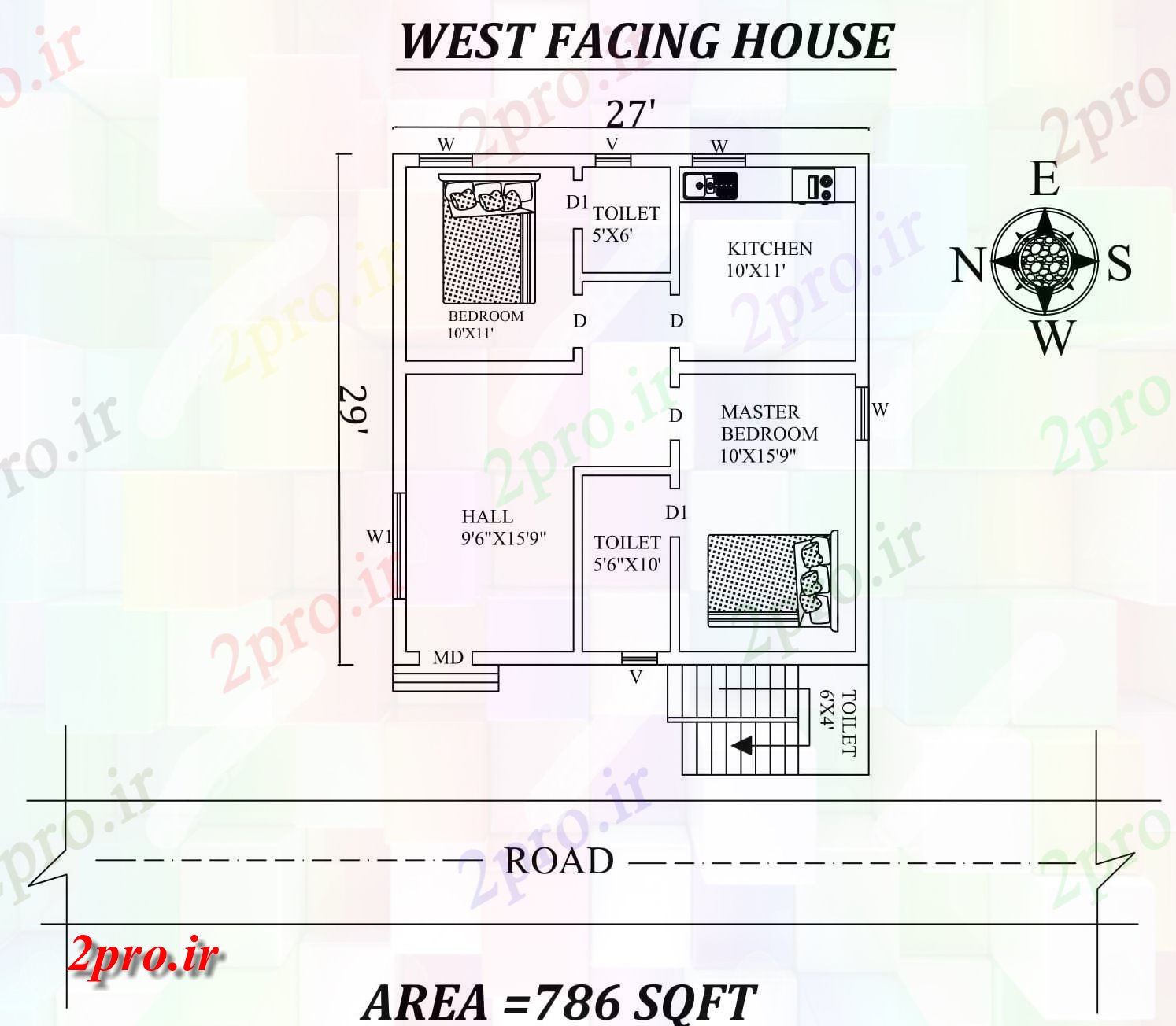 دانلود نقشه مسکونی ، ویلایی ، آپارتمان X29، 2bhk شگفت غرب مواجه خانه طرحی به عنوان در هر Vastu Shastra هستند اتوکد و جزئیات پی دی اف 7 در 8 متر (کد157300)