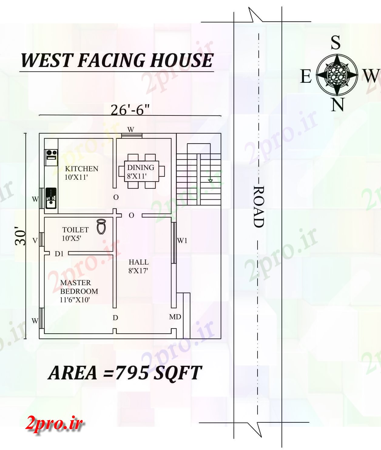 دانلود نقشه مسکونی ، ویلایی ، آپارتمان 6 X30 تک BHK غرب مواجه خانه طرحی به عنوان در هر Vastu Shastra هستند، اتوکد و جزئیات پی دی اف 5 در 8 متر (کد157302)