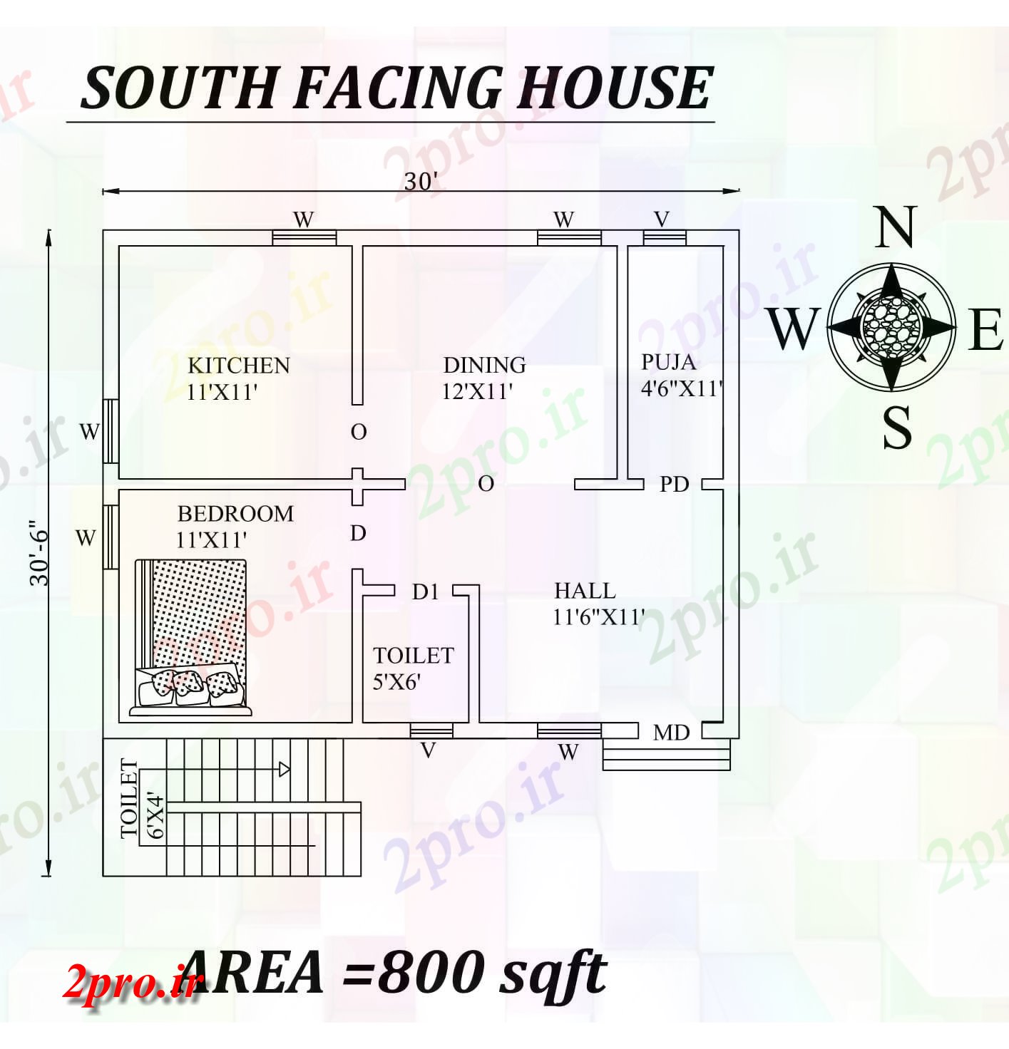 دانلود نقشه مسکونی ، ویلایی ، آپارتمان x30'6 تنها BHK رو به جنوب خانه طرحی به عنوان در هر Vastu را Shastra و جزئیات پی دی اف 7 در 8 متر (کد157304)