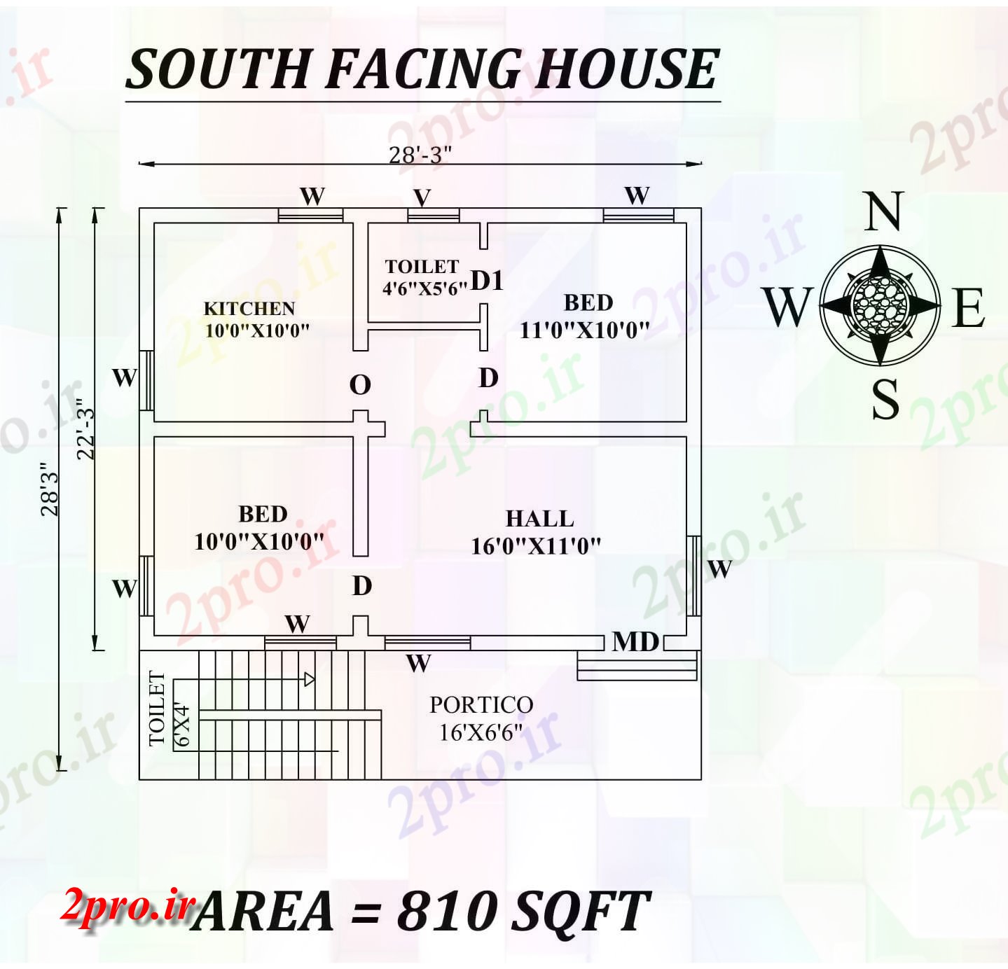 دانلود نقشه مسکونی ، ویلایی ، آپارتمان 3 x28'3 جنوب عالی 2bhk مواجه خانه طرحی به عنوان در هر Vastu Shastra هستند اتوکد و جزئیات پی دی اف 6 در 8 متر (کد157307)