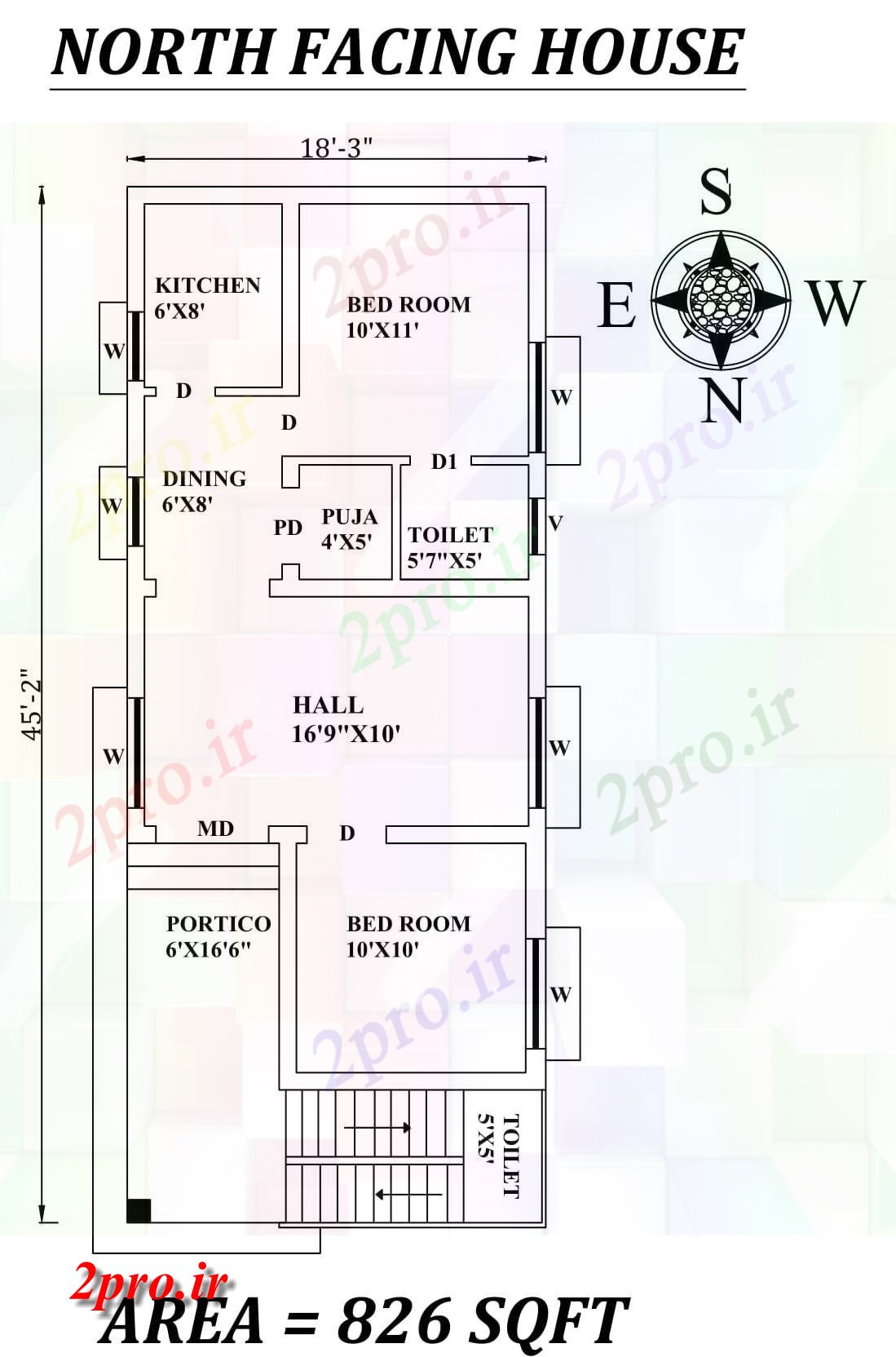 دانلود نقشه مسکونی ، ویلایی ، آپارتمان 3 X45 'پرفکت شمالی طرحی خانه 2bhk به عنوان در هر Vastu Shastra هستند، اتوکد و جزئیات پی دی اف 5 در 11 متر (کد157310)