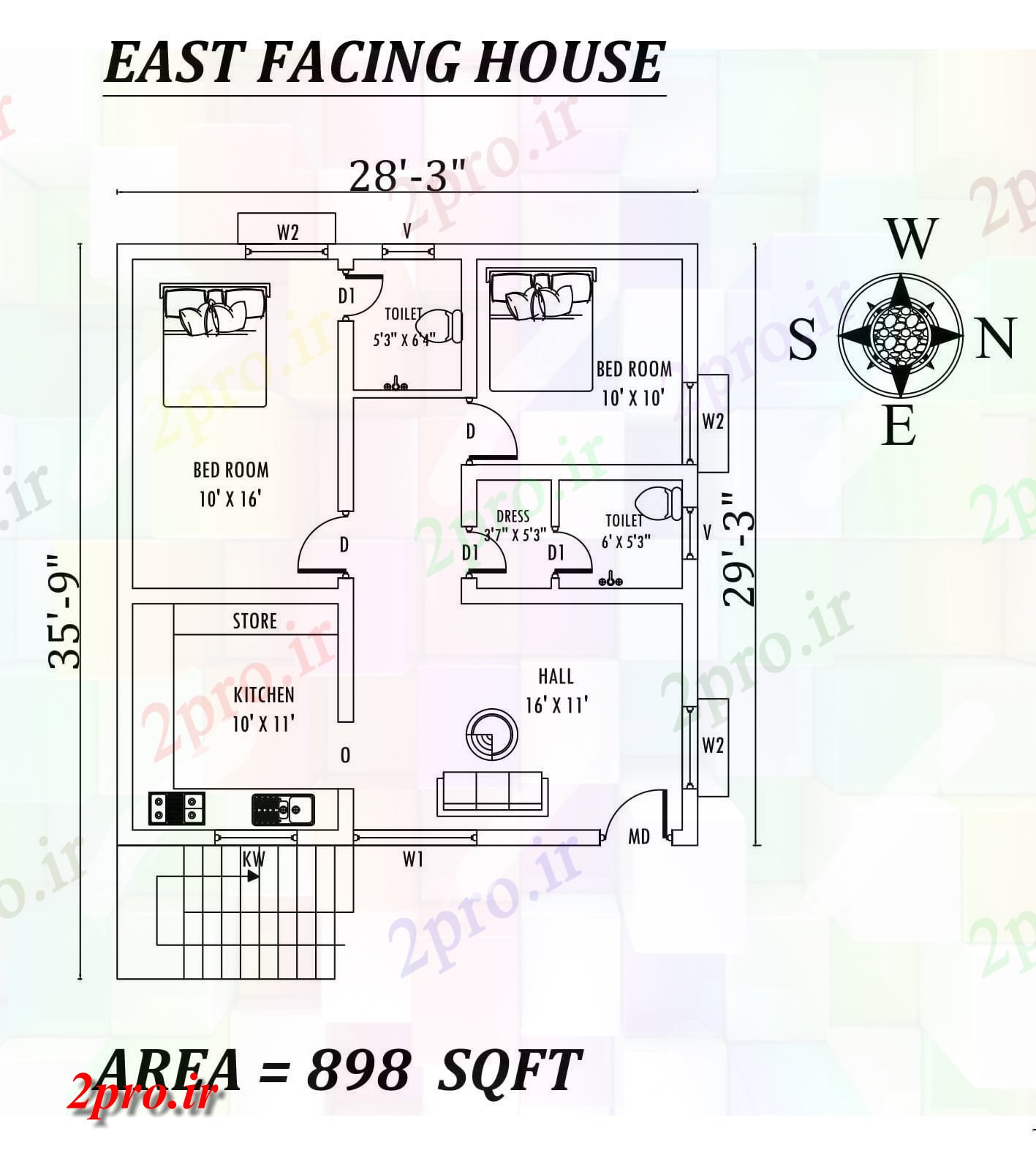 دانلود نقشه مسکونی ، ویلایی ، آپارتمان 3 x35'9 کامل 2bhk شرق مواجه خانه طرحی به عنوان در هر Vastu را Shastra و جزئیات پی دی اف 8 در 8 متر (کد157327)