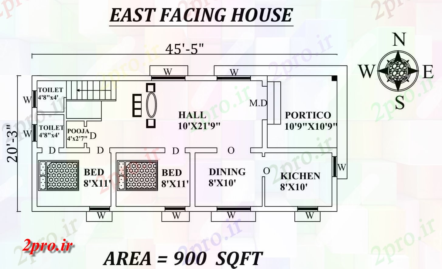 دانلود نقشه مسکونی ، ویلایی ، آپارتمان 5 X20'3 کامل 2bhk شرق مواجه خانه طرحی به عنوان در هر Vastu Shastra هستند اتوکد و جزئیات پی دی اف 5 در 13 متر (کد157329)