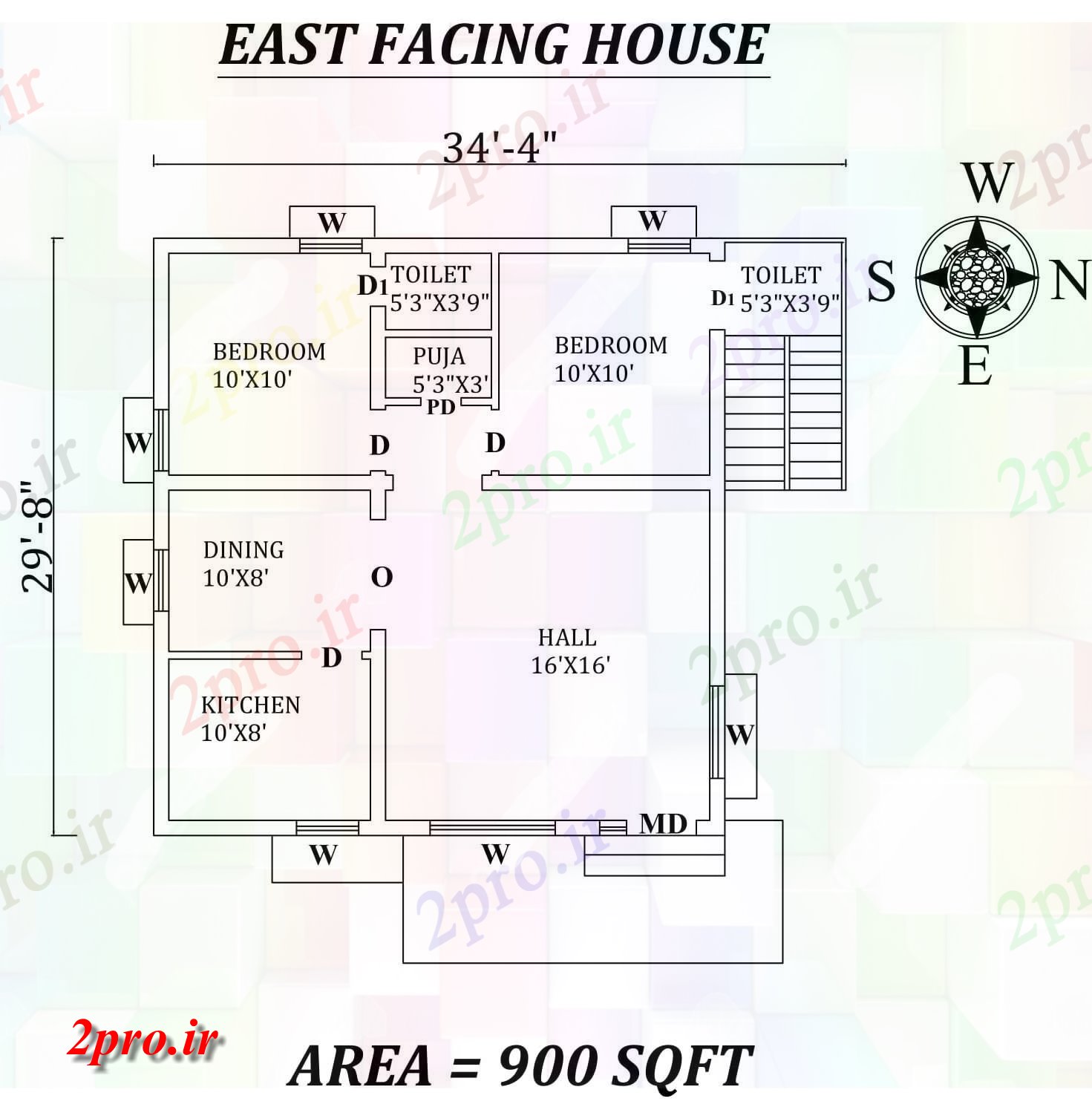 دانلود نقشه مسکونی ، ویلایی ، آپارتمان 4 X29'8 کامل 2bhk شرق مواجه خانه طرحی به عنوان در هر Vastu Shastra هستند، اتوکد و جزئیات پی دی اف 8 در 8 متر (کد157330)