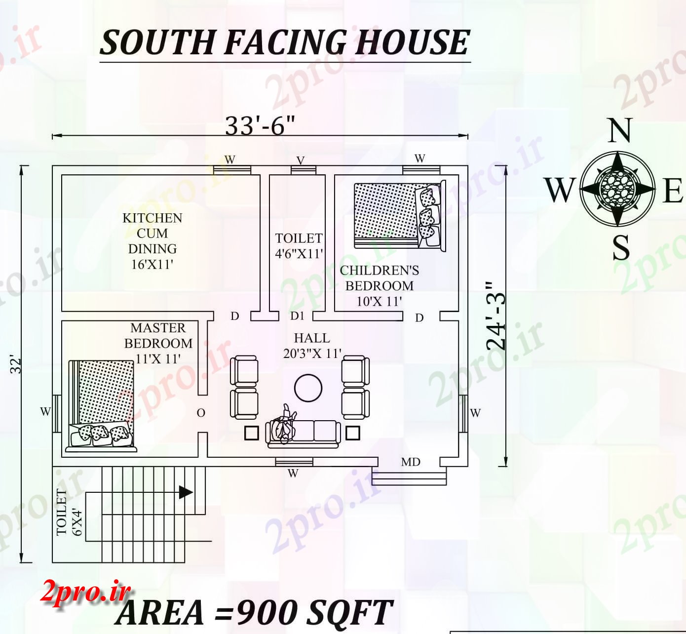 دانلود نقشه مسکونی ، ویلایی ، آپارتمان 6 x24'3 2bhk عالی جنوبی، رو طرحی مجلس طرحی به عنوان پستها در طول Vastu را Shastra و جزئیات پی دی اف 7 در 9 متر (کد157332)