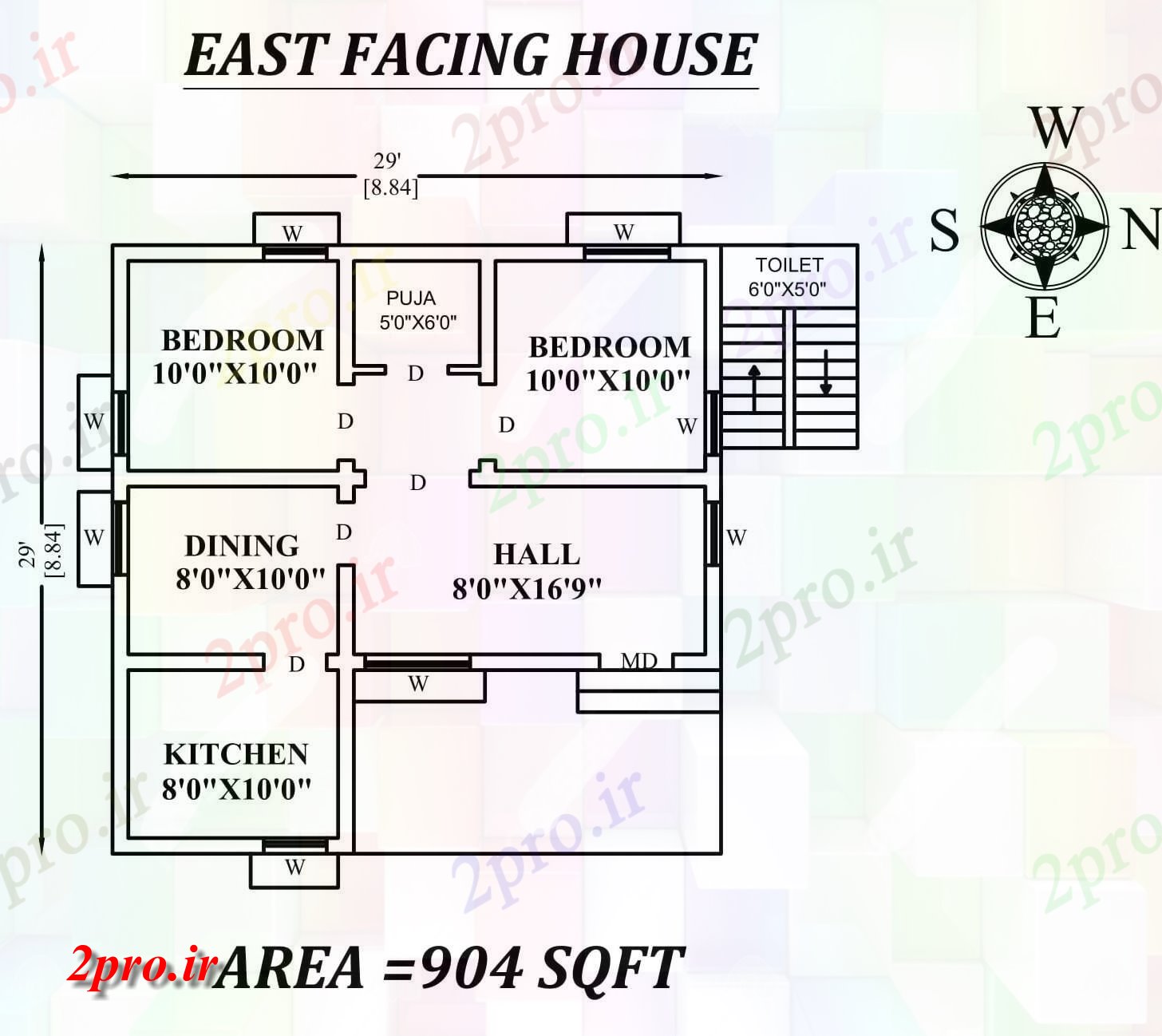 دانلود نقشه مسکونی ، ویلایی ، آپارتمان کامل 2bhk شرق 29x29، مواجه خانه طرحی به عنوان در هر Vastu Shastra هستند اتوکد و PDF جزئیات 8 در 8 متر (کد157333)