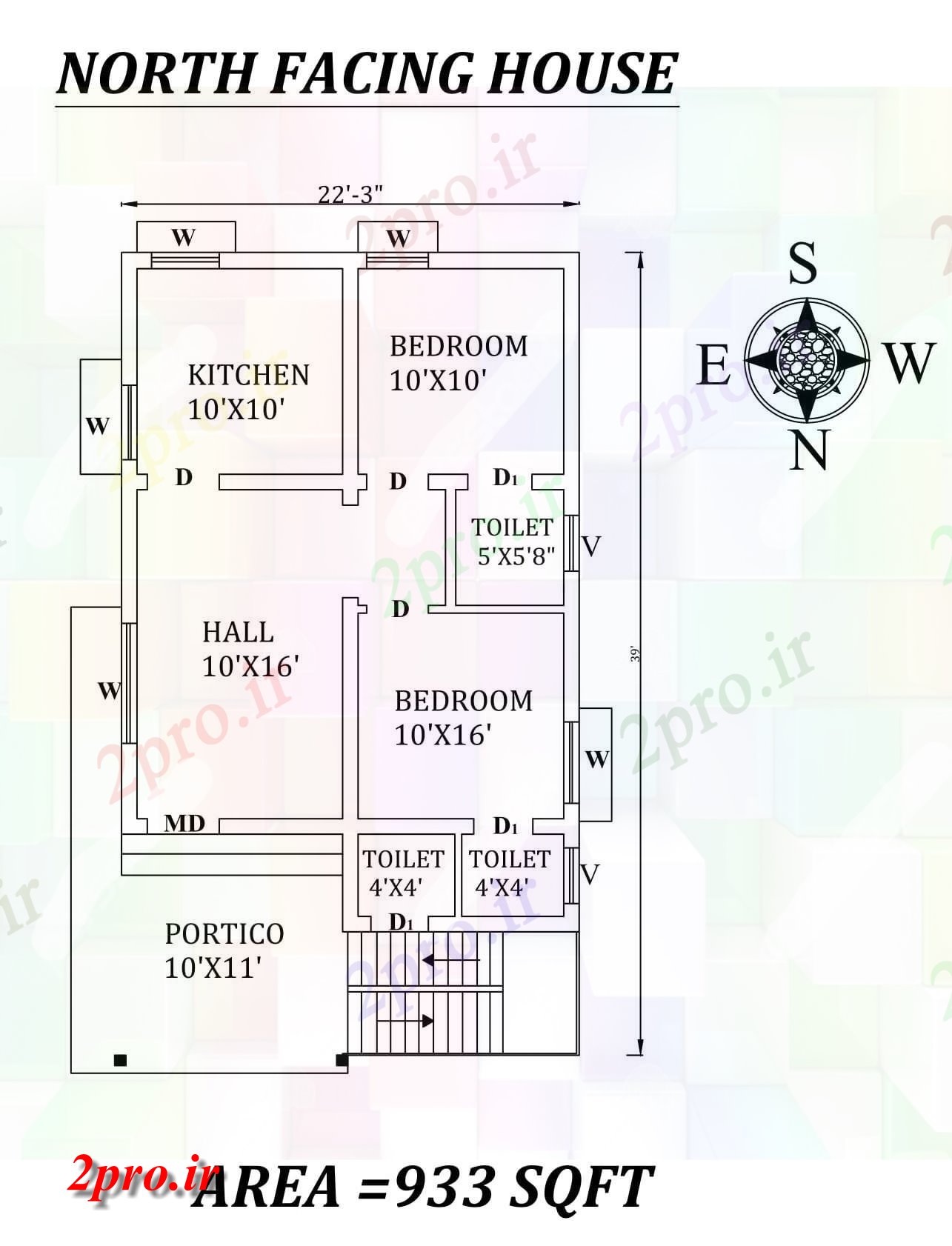 دانلود نقشه مسکونی ، ویلایی ، آپارتمان 3 x39 شمالی طرحی خانه 2bhk به عنوان در هر Vastu Shastra هستند، اتوکد و جزئیات پی دی اف 6 در 9 متر (کد157340)