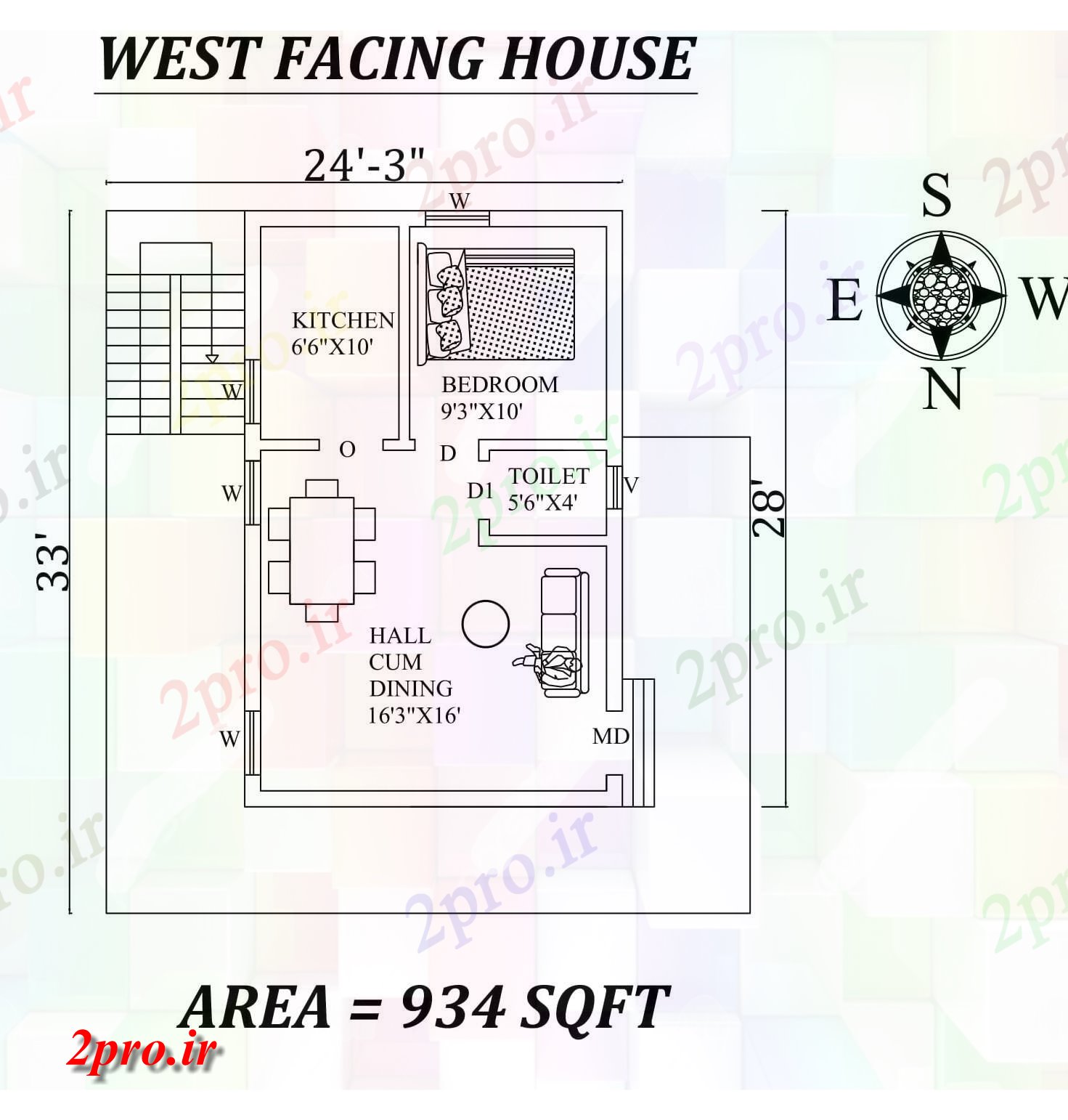 دانلود نقشه مسکونی ، ویلایی ، آپارتمان 3 X28 تک BHK غرب مواجه خانه طرحی به عنوان در هر Vastu Shastra هستند، اتوکد و جزئیات پی دی اف 5 در 8 متر (کد157342)