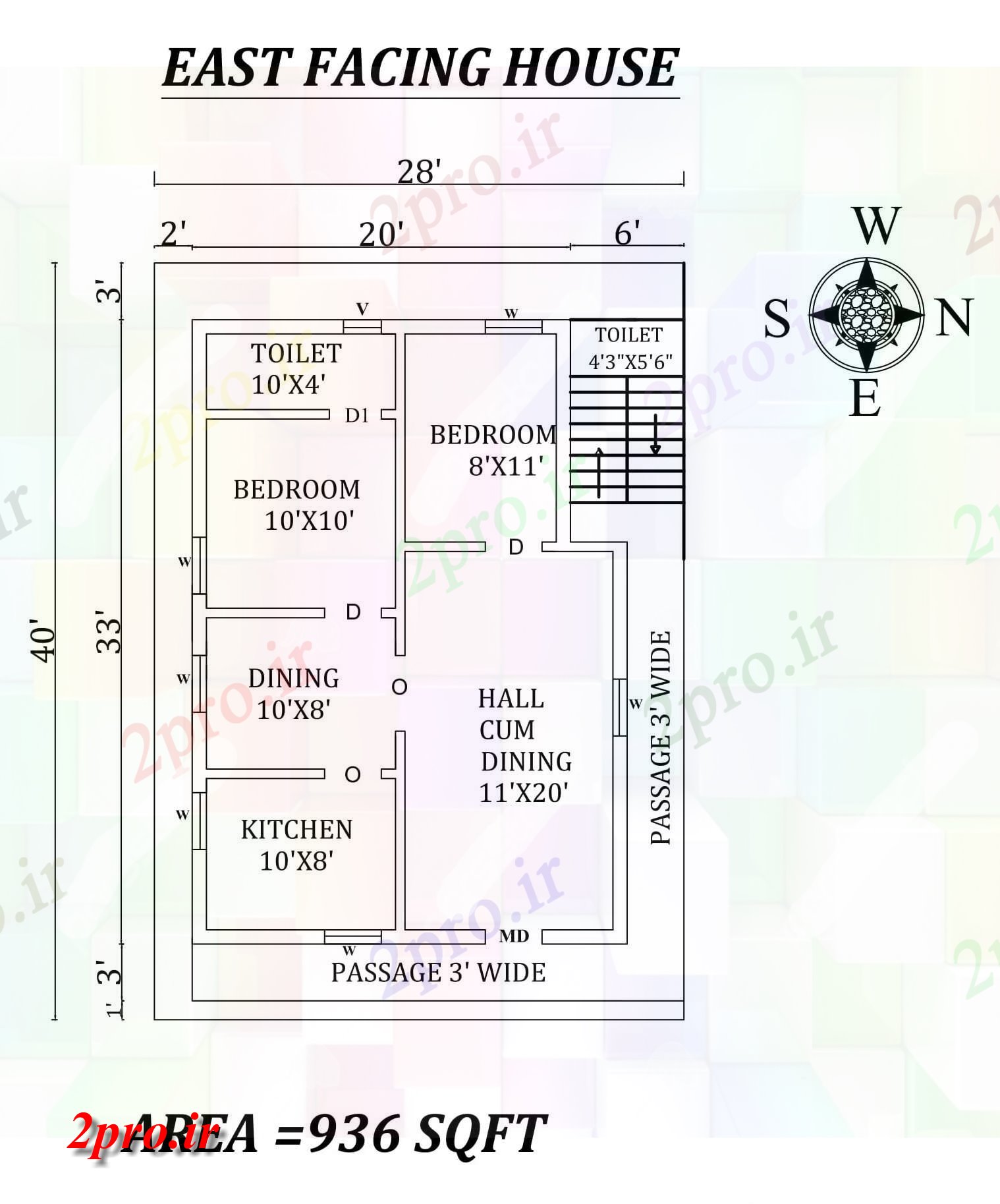 دانلود نقشه مسکونی ، ویلایی ، آپارتمان کامل 2bhk شرق 28'X40، مواجه خانه طرحی به عنوان در هر Vastu Shastra هستند، اتوکد و جزئیات پی دی اف 6 در 9 متر (کد157344)