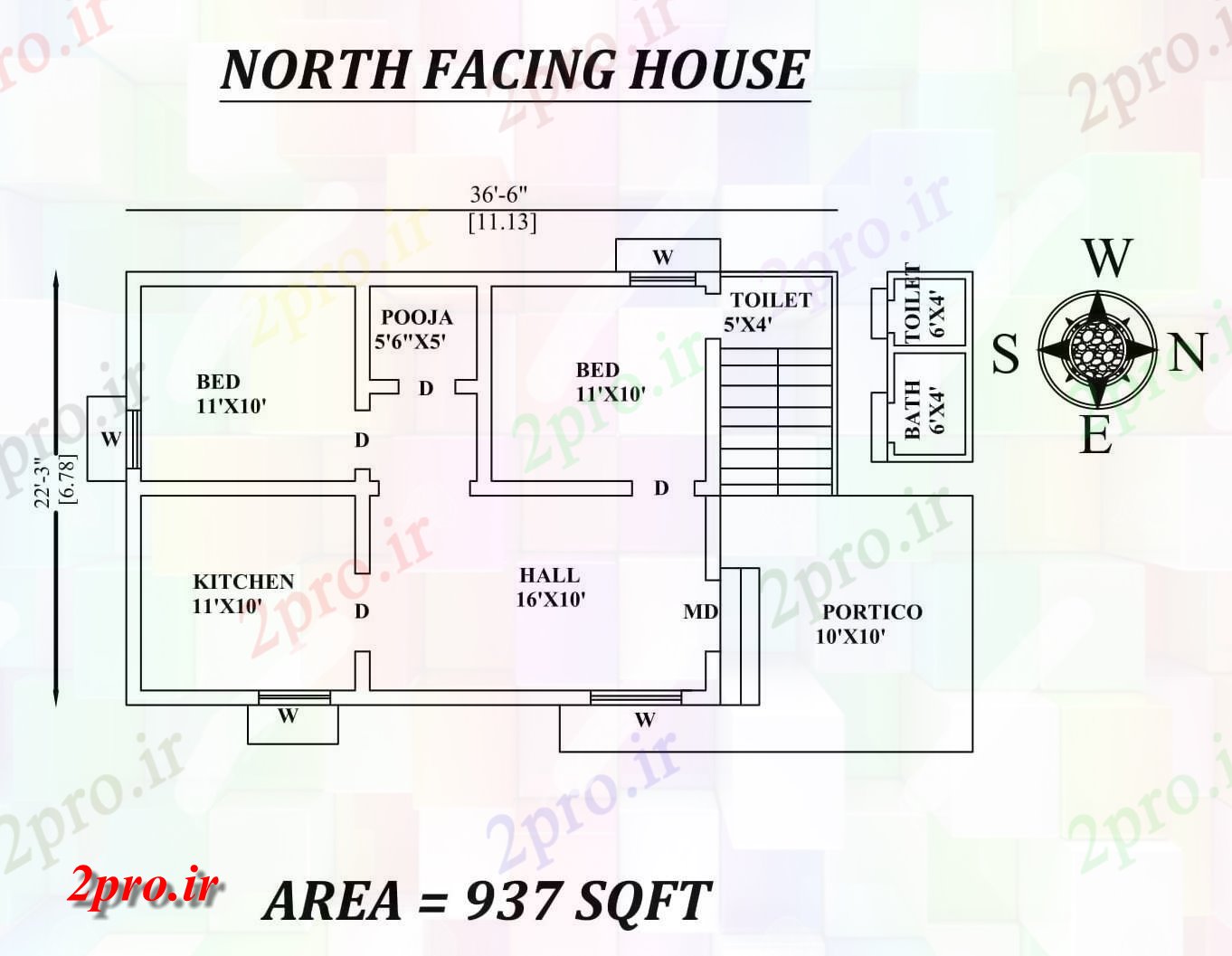 دانلود نقشه مسکونی ، ویلایی ، آپارتمان 6 x22'3 شگفت انگیز شمالی طرحی خانه 2bhk به عنوان در هر Vastu Shastra هستند، اتوکد و PDF جزئیات 6 در 9 متر (کد157346)