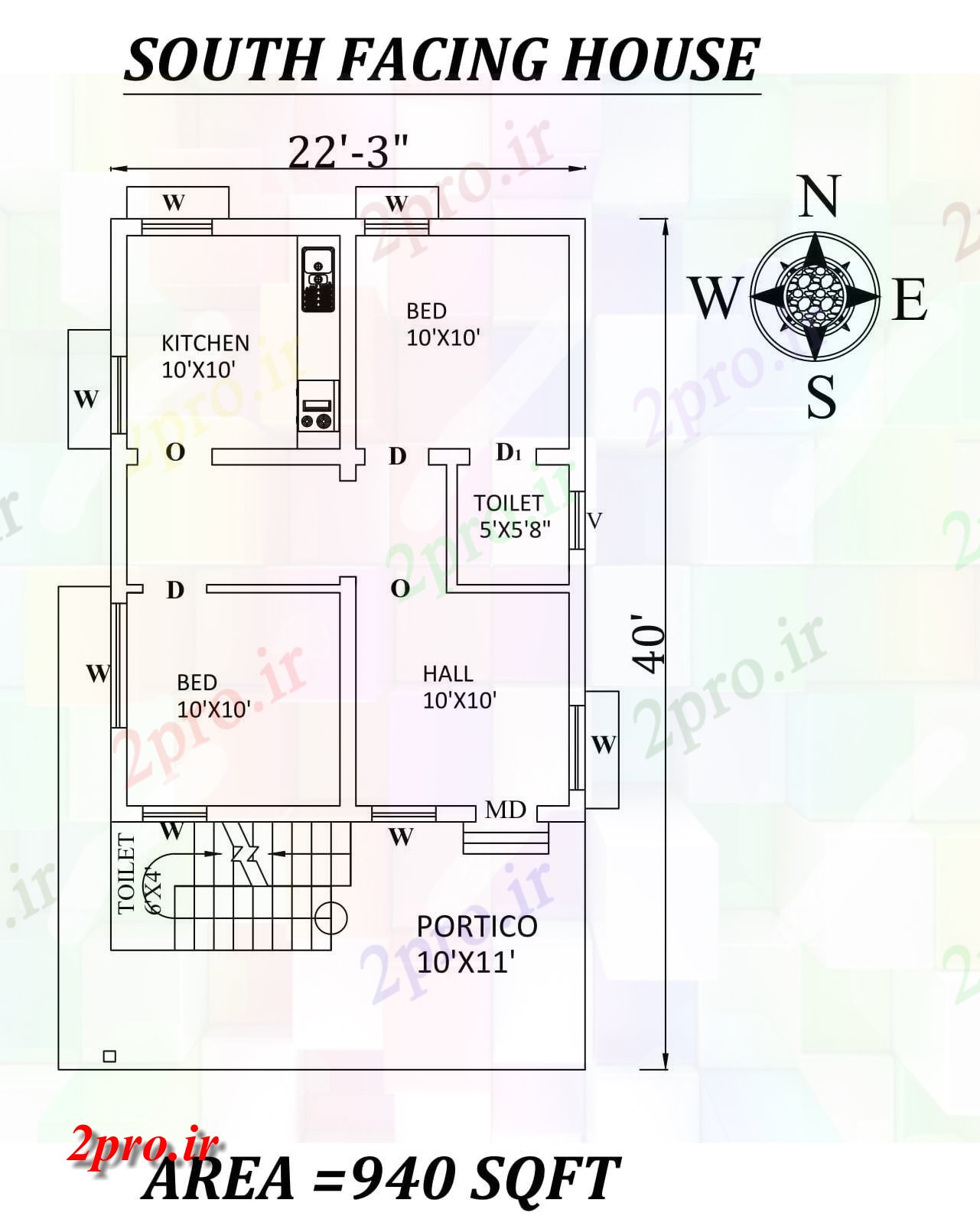 دانلود نقشه مسکونی ، ویلایی ، آپارتمان 3 X40 BHK رو به جنوب تنها خانه طرحی به عنوان در هر Vastu Shastra هستند، اتوکد و جزئیات پی دی اف 6 در 8 متر (کد157348)