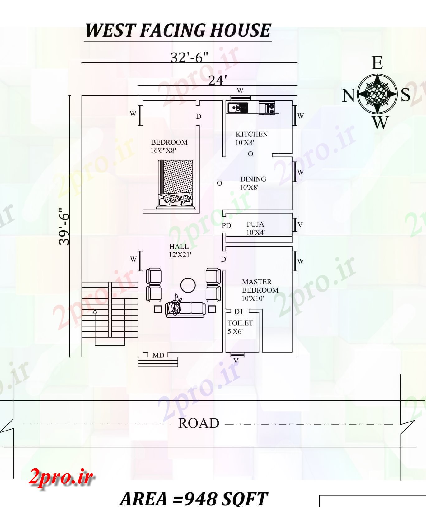 دانلود نقشه مسکونی ، ویلایی ، آپارتمان 6 x39'6 2bhk شگفت غرب مواجه خانه طرحی به عنوان در هر Vastu Shastra هستند، اتوکد و جزئیات پی دی اف 7 در 11 متر (کد157352)