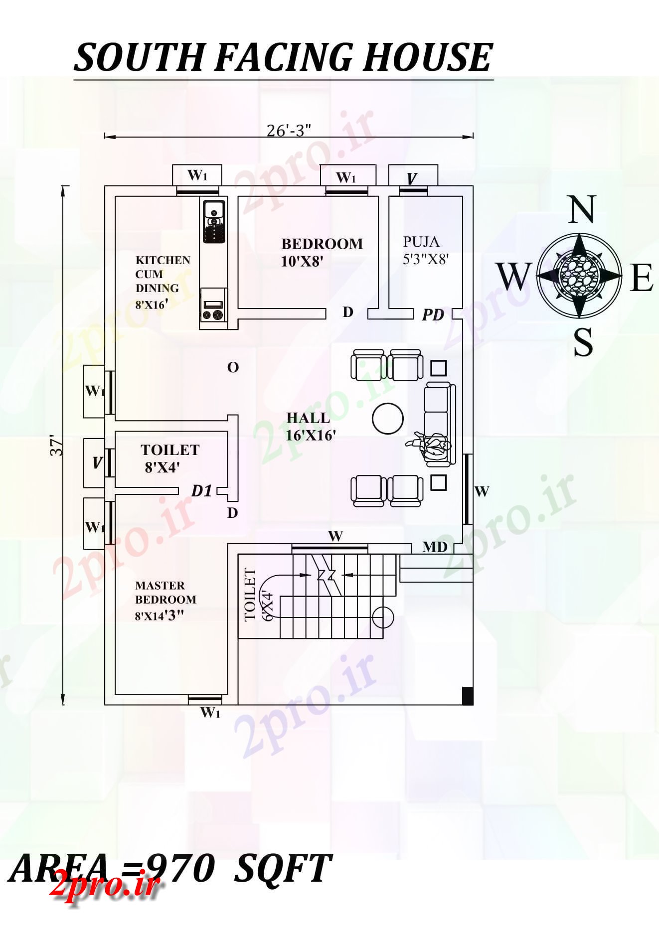 دانلود نقشه مسکونی ، ویلایی ، آپارتمان 3 X 37 '2bhk عالی جنوبی مواجه خانه طرحی به عنوان در هر Vastu Shastra هستند، اتوکد و پی دی اف جزئیات 7 در 10 متر (کد157357)