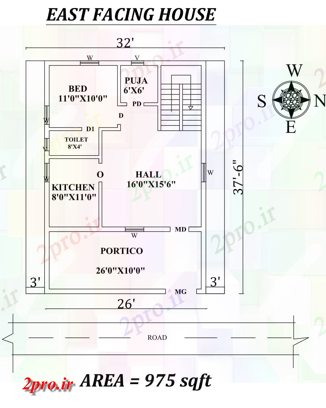 دانلود نقشه مسکونی ، ویلایی ، آپارتمان x37'6 تنها BHK شرق مواجه خانه طرحی به عنوان در هر Vastu Shastra هستند، اتوکد و جزئیات پی دی اف 7 در 8 متر (کد157358)