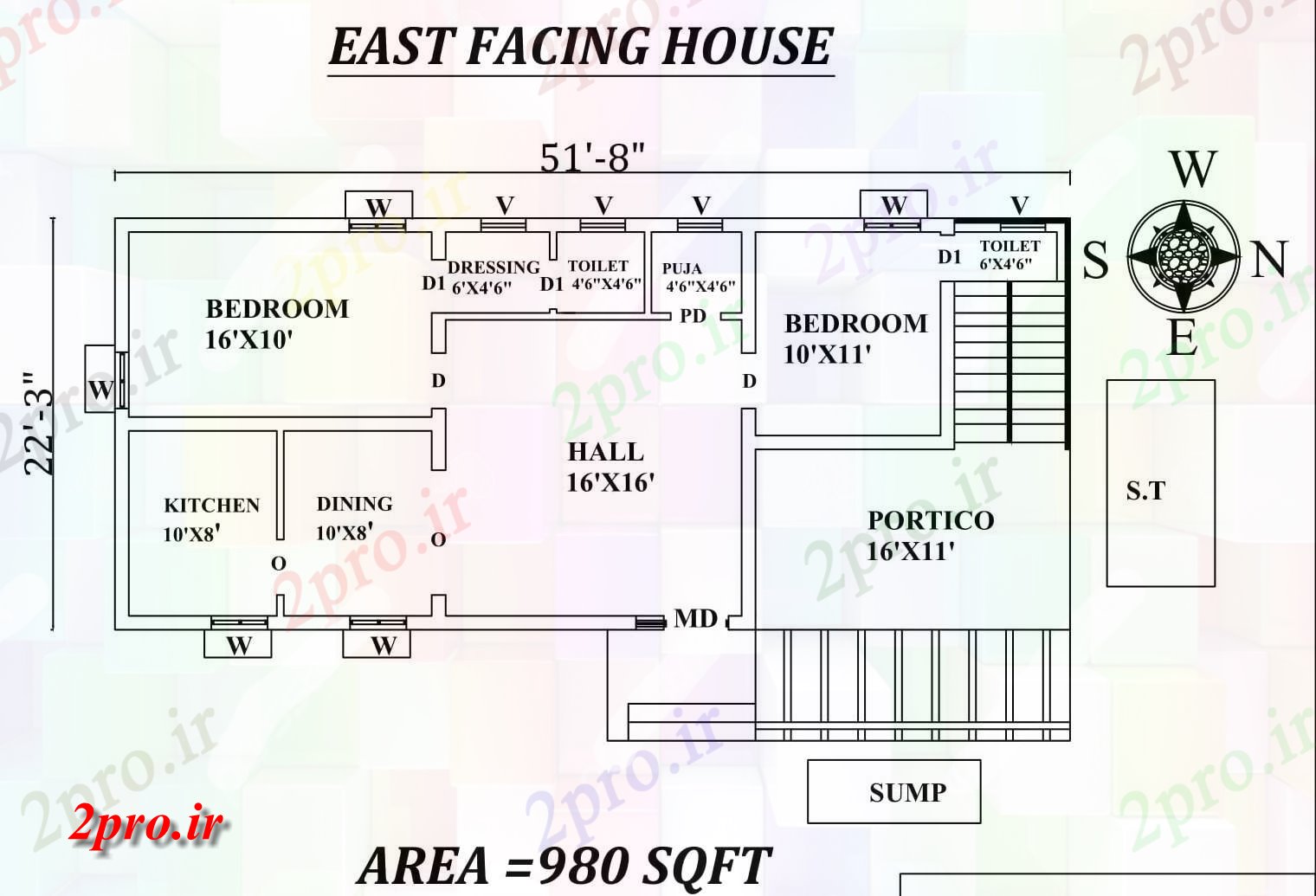 دانلود نقشه مسکونی ، ویلایی ، آپارتمان 8 x22'3 2bhk عالی شرق مواجه خانه طرحی به عنوان در هر Vastu Shastra هستند، اتوکد و جزئیات پی دی اف 6 در 15 متر (کد157361)