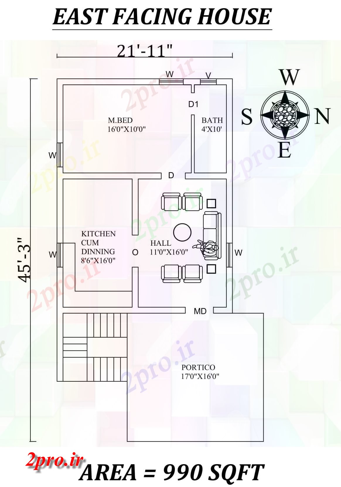 دانلود نقشه مسکونی ، ویلایی ، آپارتمان 11 x45'3 تنها BHK شرق مواجه خانه طرحی به عنوان در هر Vastu Shastra هستند، اتوکد و جزئیات پی دی اف 6 در 8 متر (کد157366)