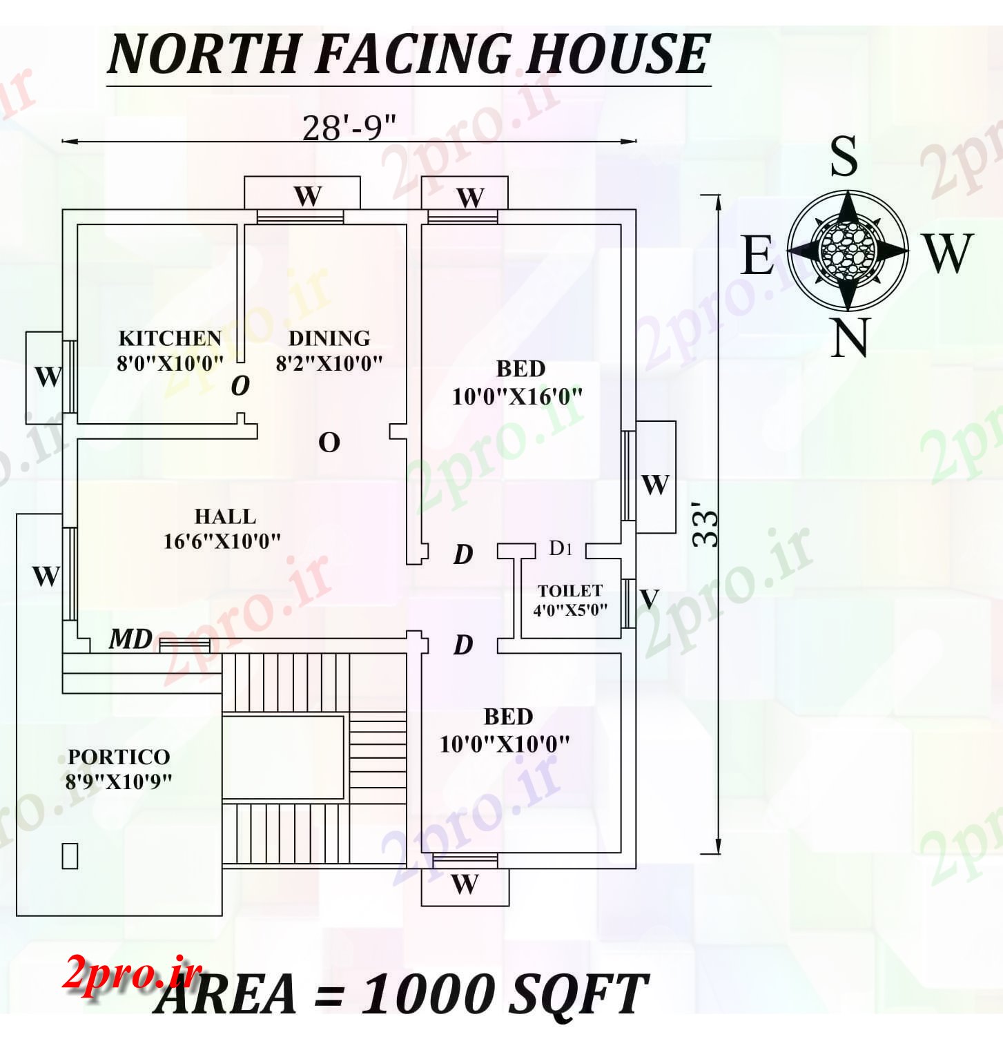 دانلود نقشه مسکونی ، ویلایی ، آپارتمان 9 x33 'شگفت انگیز شمالی طرحی خانه 2bhk به عنوان در هر Vastu Shastra هستند، اتوکد و جزئیات پی دی اف 8 در 9 متر (کد157367)