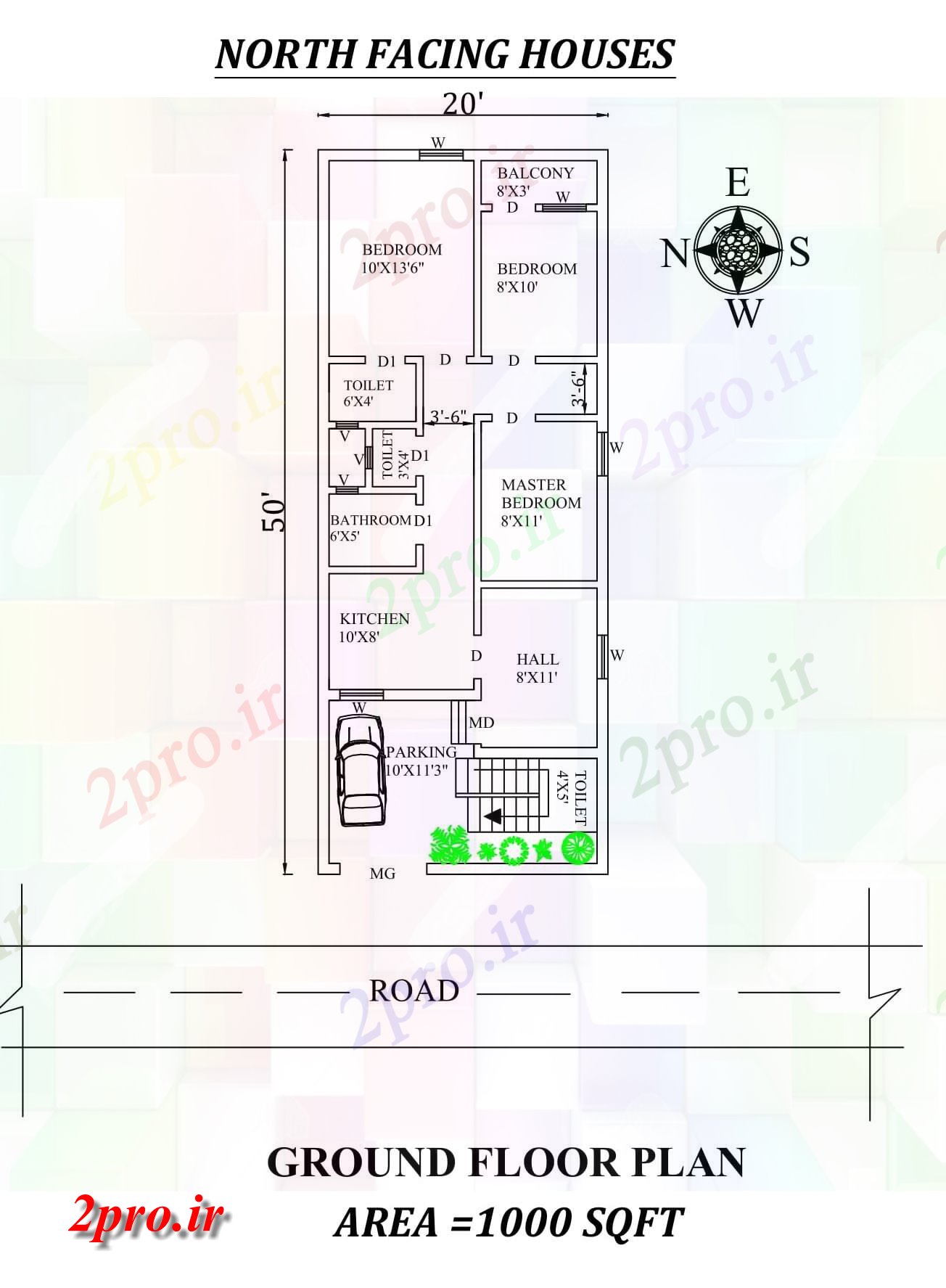 دانلود نقشه مسکونی ، ویلایی ، آپارتمان پر زرق و برق 3BHK شمالی 20'x50، در مواجهه با مجلس طرحی به عنوان در هر Vasthu شرا اتوکد و جزئیات پی دی اف 24 در 50 متر (کد157369)