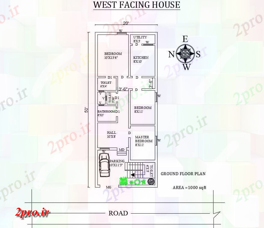 دانلود نقشه مسکونی ، ویلایی ، آپارتمان X50، پر زرق و برق 3 BHK غرب در مواجهه با مجلس طرحی به عنوان در هر Vasthu شرا اتوکد و جزئیات پی دی اف 5 در 12 متر (کد157370)