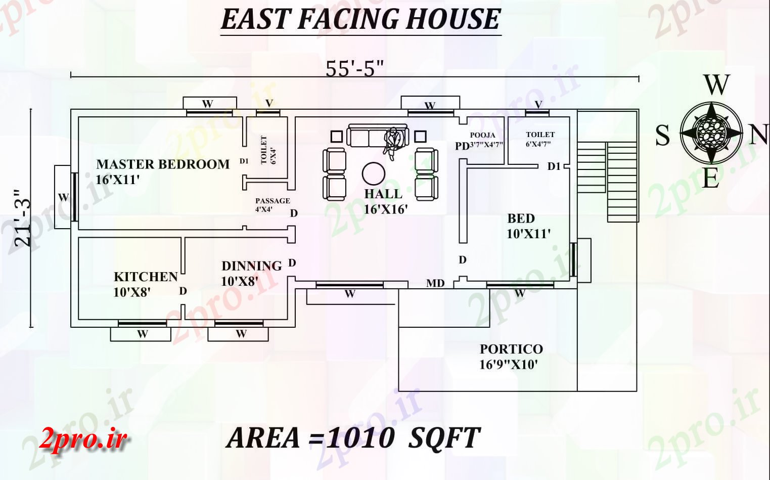 دانلود نقشه مسکونی ، ویلایی ، آپارتمان 5 X21 کامل 2bhk شرق مواجه خانه طرحی به عنوان در هر Vastu Shastra هستند، اتوکد و جزئیات پی دی اف 6 در 14 متر (کد157384)