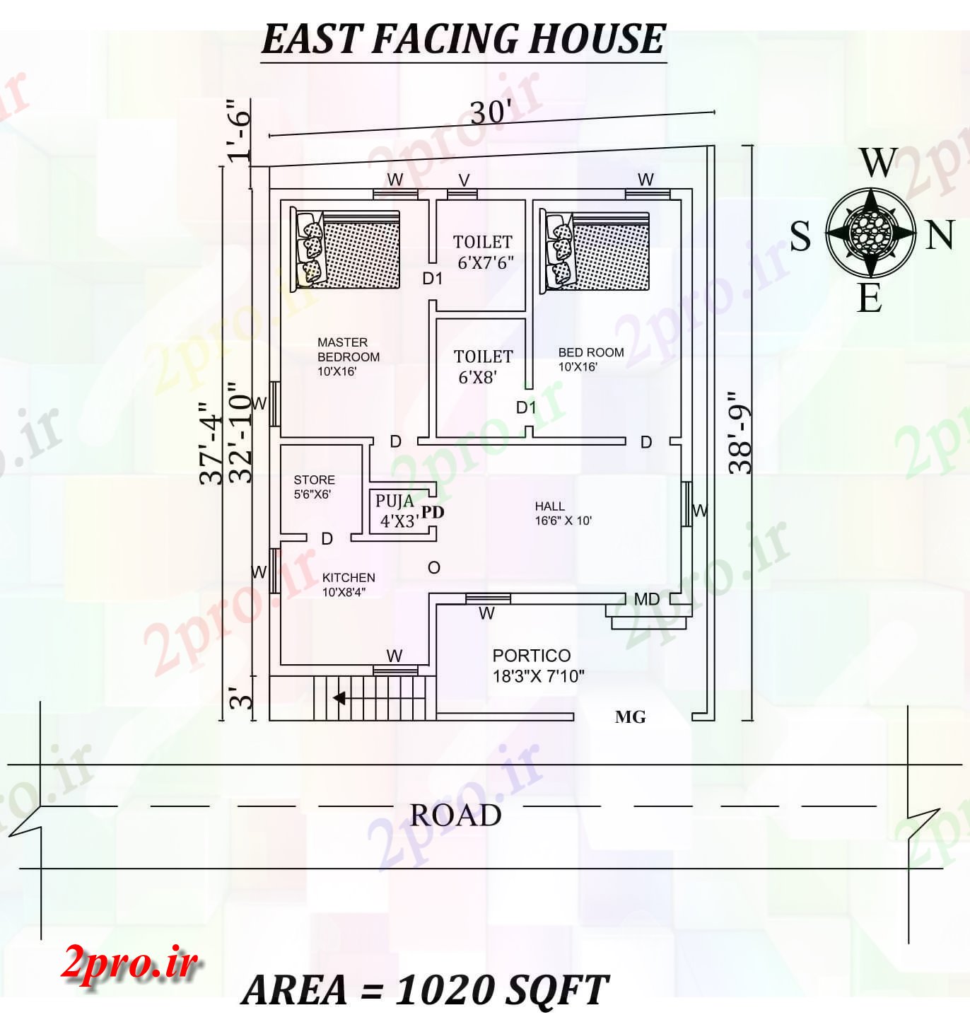 دانلود نقشه مسکونی ، ویلایی ، آپارتمان x37'4 کامل 2bhk شرق مواجه خانه طرحی به عنوان در هر Vastu Shastra هستند، اتوکد و جزئیات پی دی اف 8 در 9 متر (کد157394)