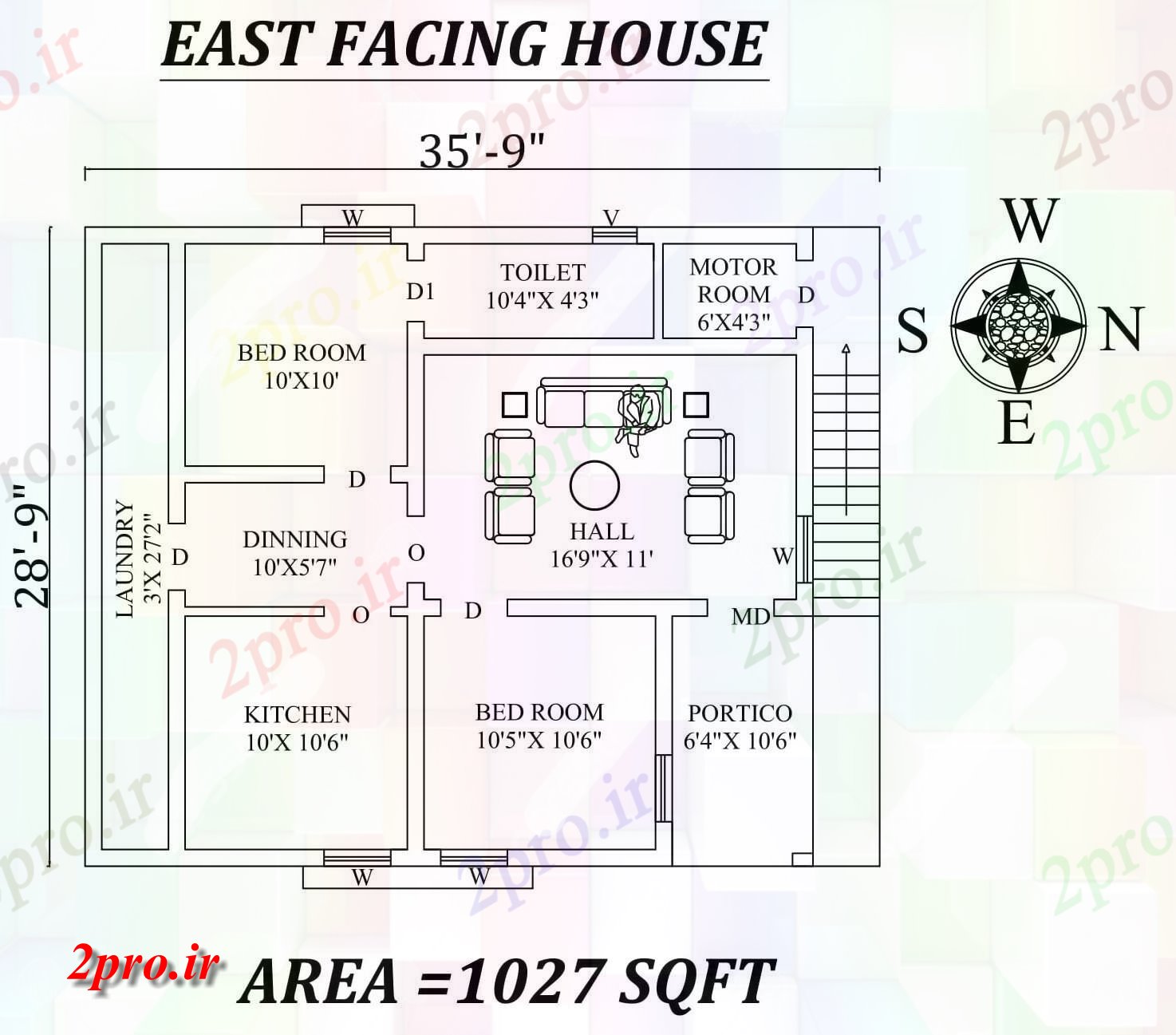 دانلود نقشه مسکونی ، ویلایی ، آپارتمان 9 x28'9 کامل 2bhk شرق مواجه خانه طرحی به عنوان در هر Vastu Shastra هستند، اتوکد و جزئیات پی دی اف 8 در 9 متر (کد157398)