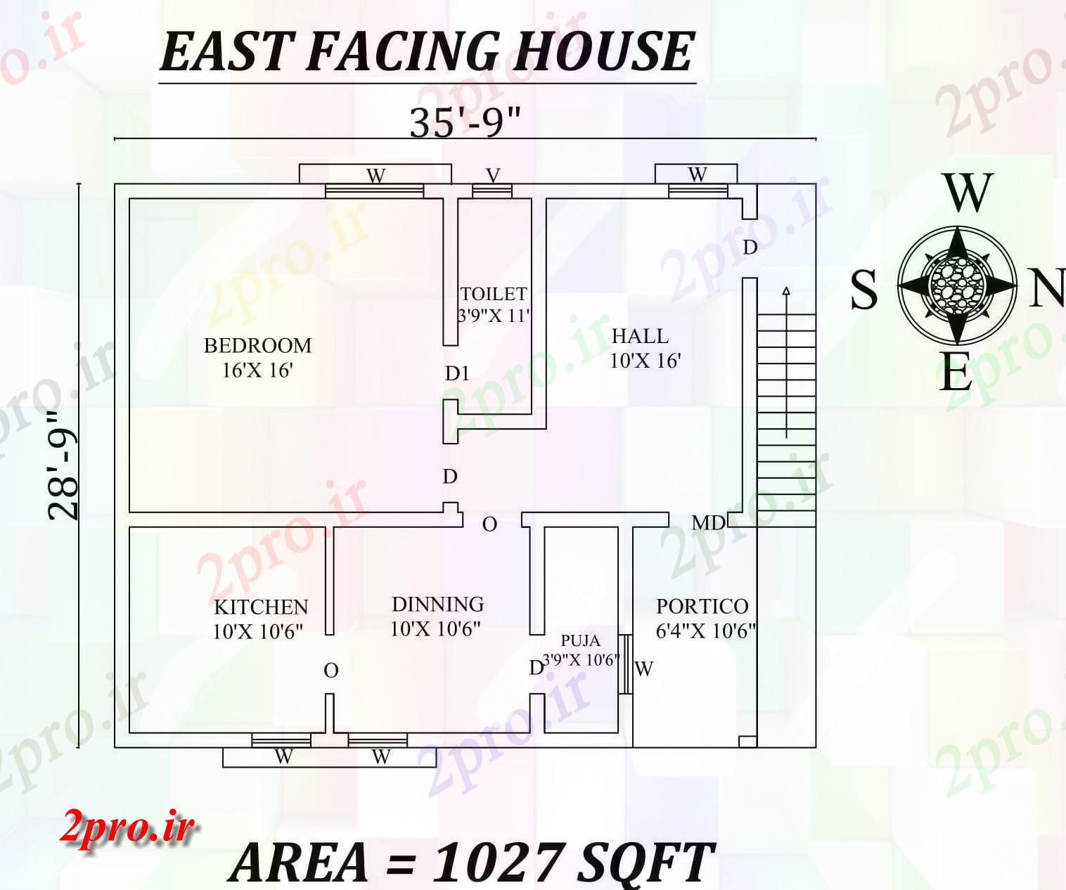 دانلود نقشه مسکونی ، ویلایی ، آپارتمان 9 X17'6 تنها BHK شرق مواجه خانه طرحی به عنوان در هر Vastu Shastra هستند، اتوکد و جزئیات پی دی اف 8 در 9 متر (کد157401)