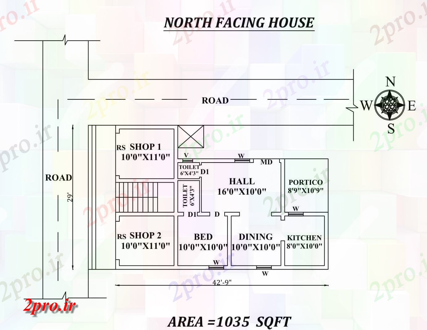 دانلود نقشه مسکونی ، ویلایی ، آپارتمان 9 X 29 تک BHK شمالی طرحی خانه با 2 مغازه به عنوان در هر Vastu Shastra هستند ،،، اتوکد و جزئیات پی دی اف 8 در 12 متر (کد157403)