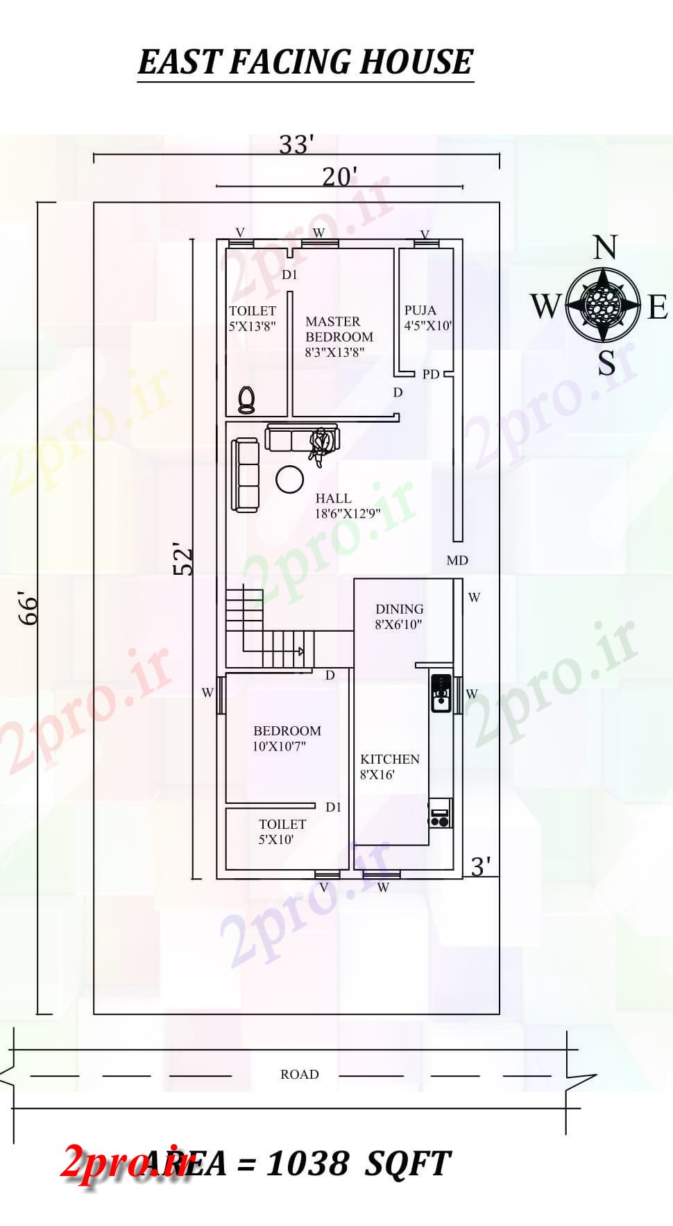 دانلود نقشه مسکونی ، ویلایی ، آپارتمان کامل 2bhk شرق 20'X52، مواجه خانه طرحی به عنوان در هر Vastu Shastra هستند ،،، اتوکد و جزئیات پی دی اف 5 در 15 متر (کد157409)