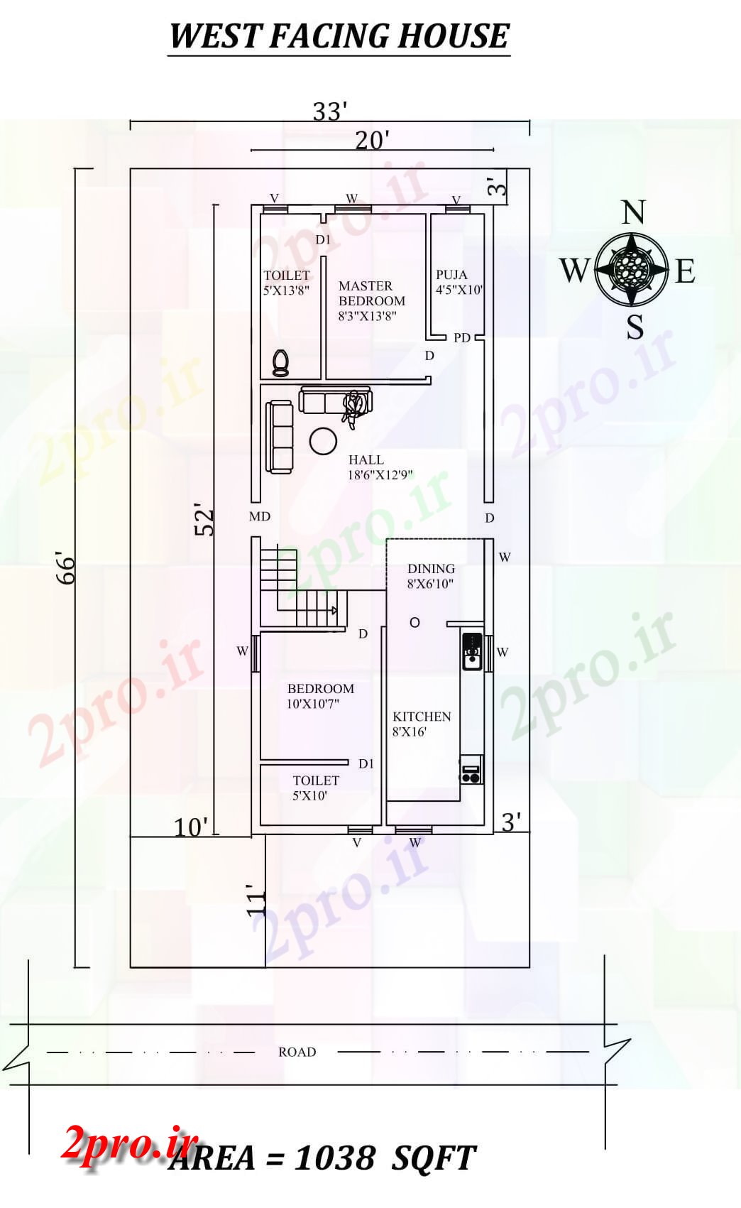 دانلود نقشه مسکونی ، ویلایی ، آپارتمان X52، کامل 2bhk رو به مغرب خانه طرحی به عنوان در هر Vastu Shastra هستند، اتوکد و جزئیات پی دی اف 5 در 15 متر (کد157413)